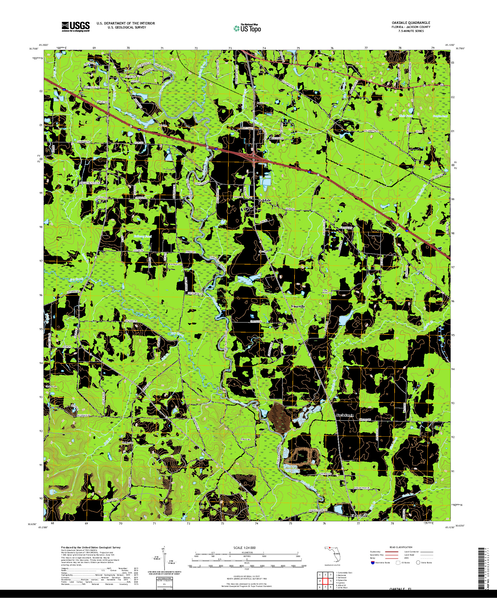 USGS US TOPO 7.5-MINUTE MAP FOR OAKDALE, FL 2021
