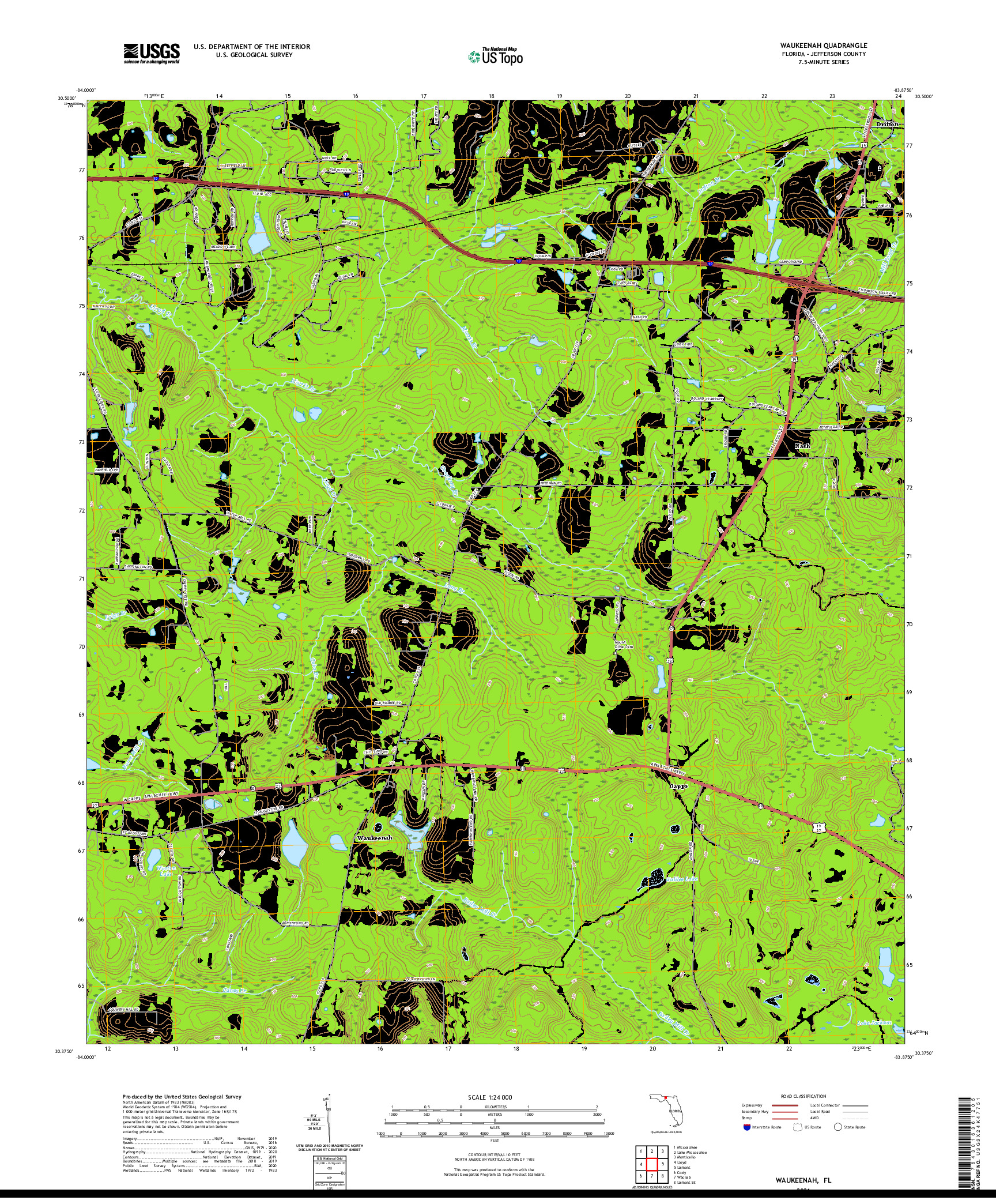 USGS US TOPO 7.5-MINUTE MAP FOR WAUKEENAH, FL 2021