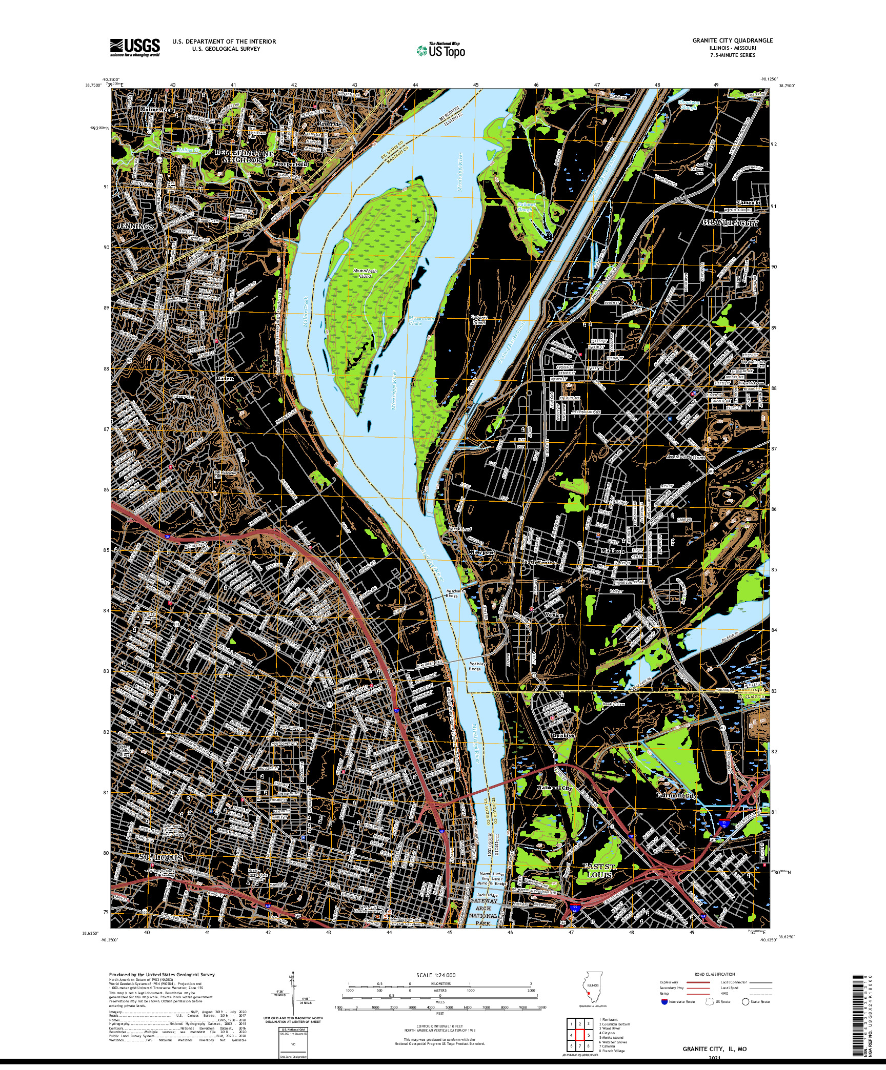 USGS US TOPO 7.5-MINUTE MAP FOR GRANITE CITY, IL,MO 2021