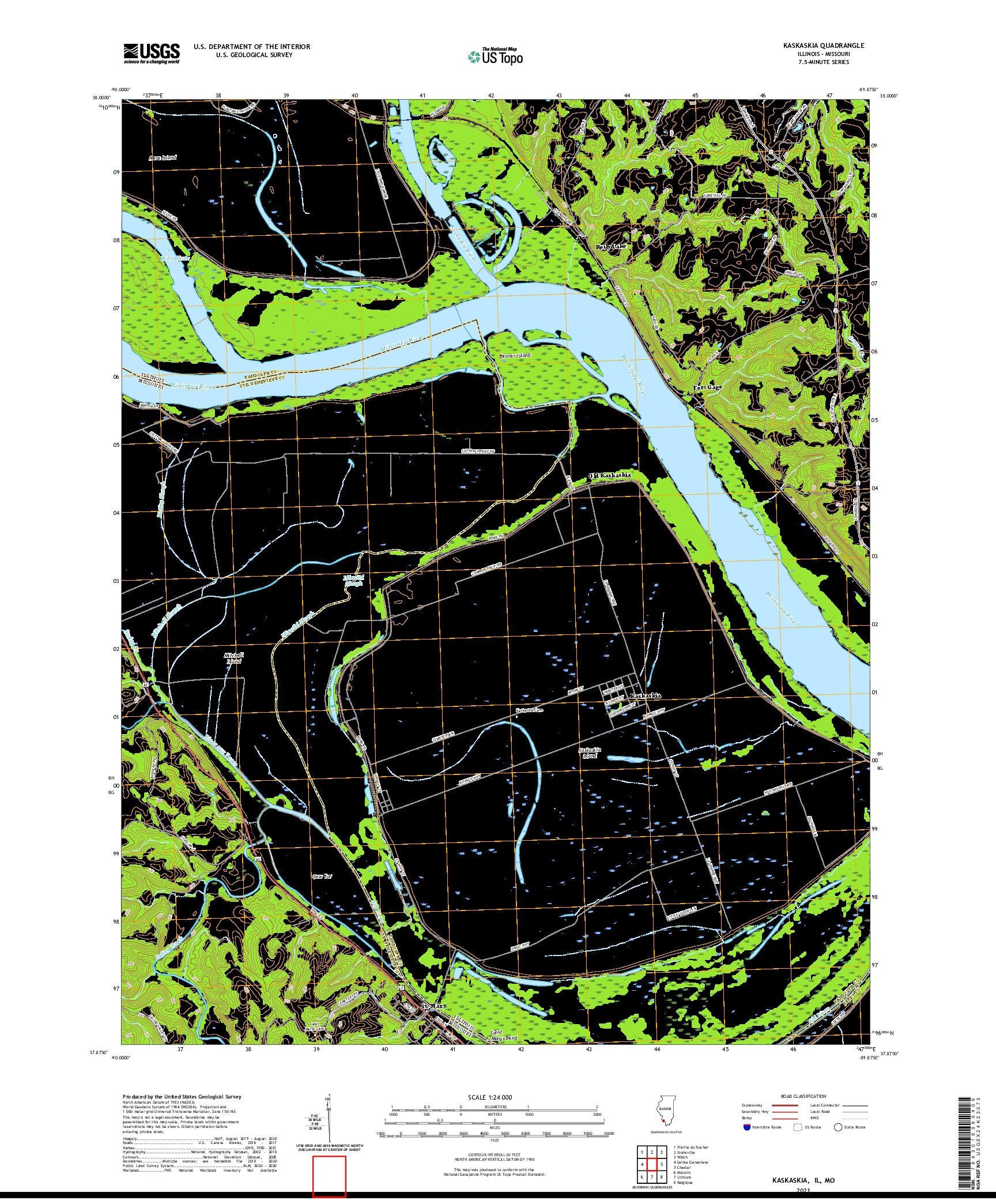 USGS US TOPO 7.5-MINUTE MAP FOR KASKASKIA, IL,MO 2021
