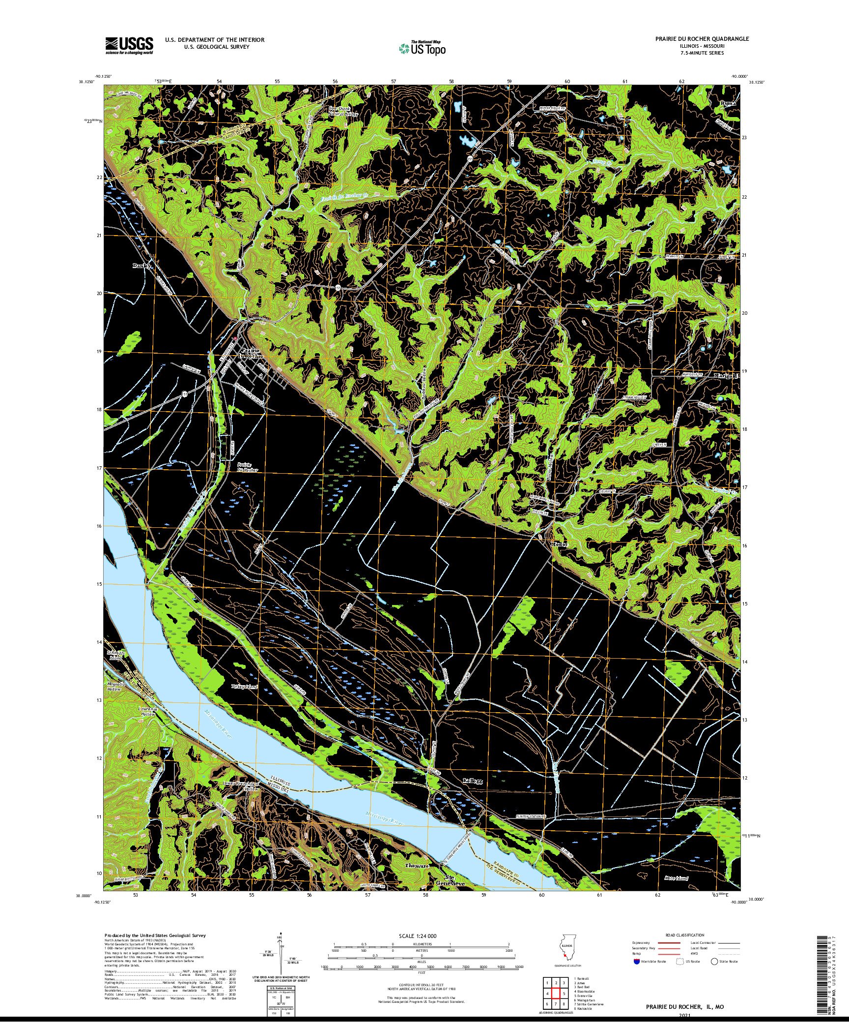 USGS US TOPO 7.5-MINUTE MAP FOR PRAIRIE DU ROCHER, IL,MO 2021