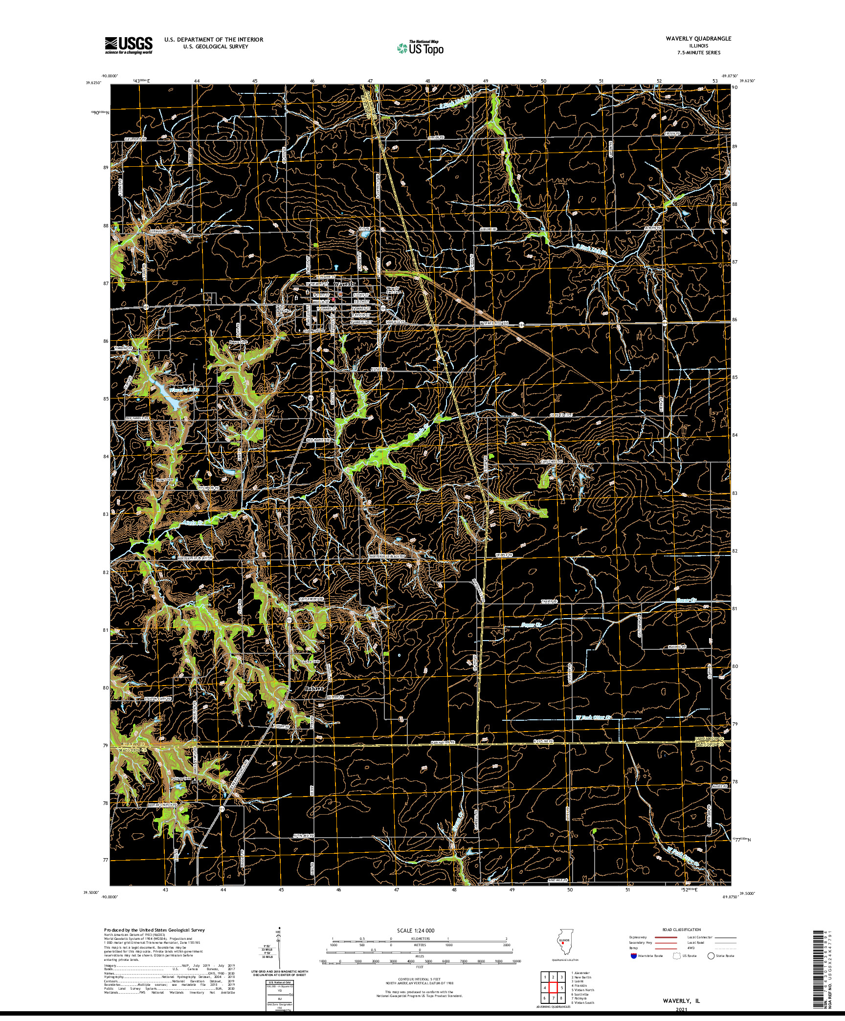 USGS US TOPO 7.5-MINUTE MAP FOR WAVERLY, IL 2021