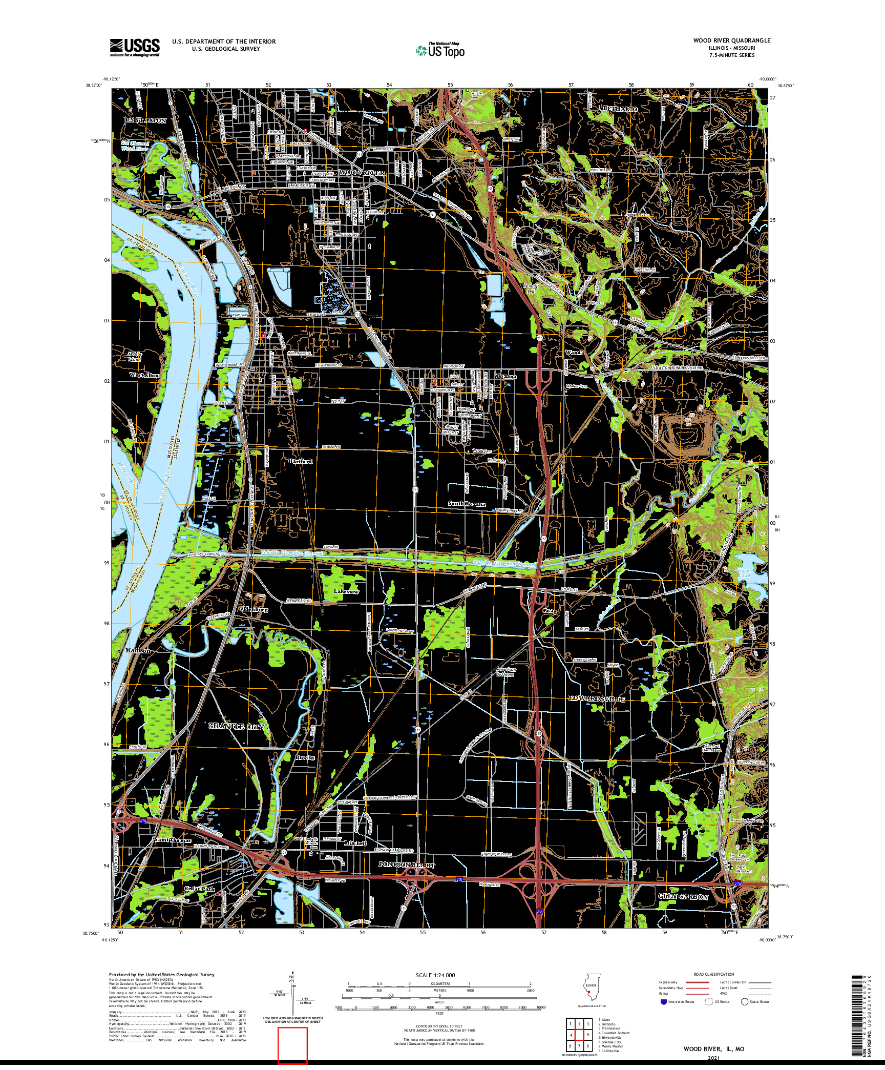 USGS US TOPO 7.5-MINUTE MAP FOR WOOD RIVER, IL,MO 2021