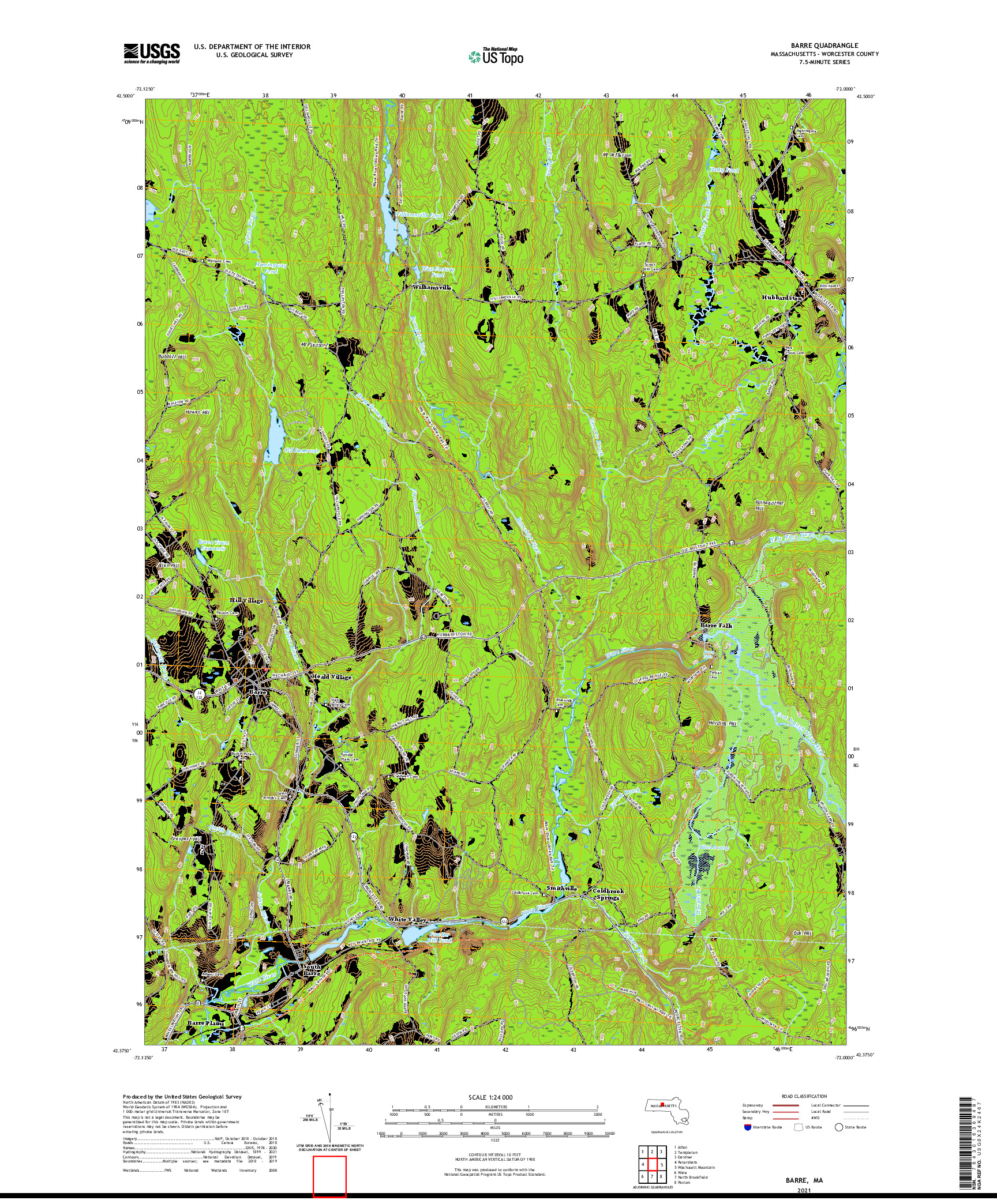 USGS US TOPO 7.5-MINUTE MAP FOR BARRE, MA 2021