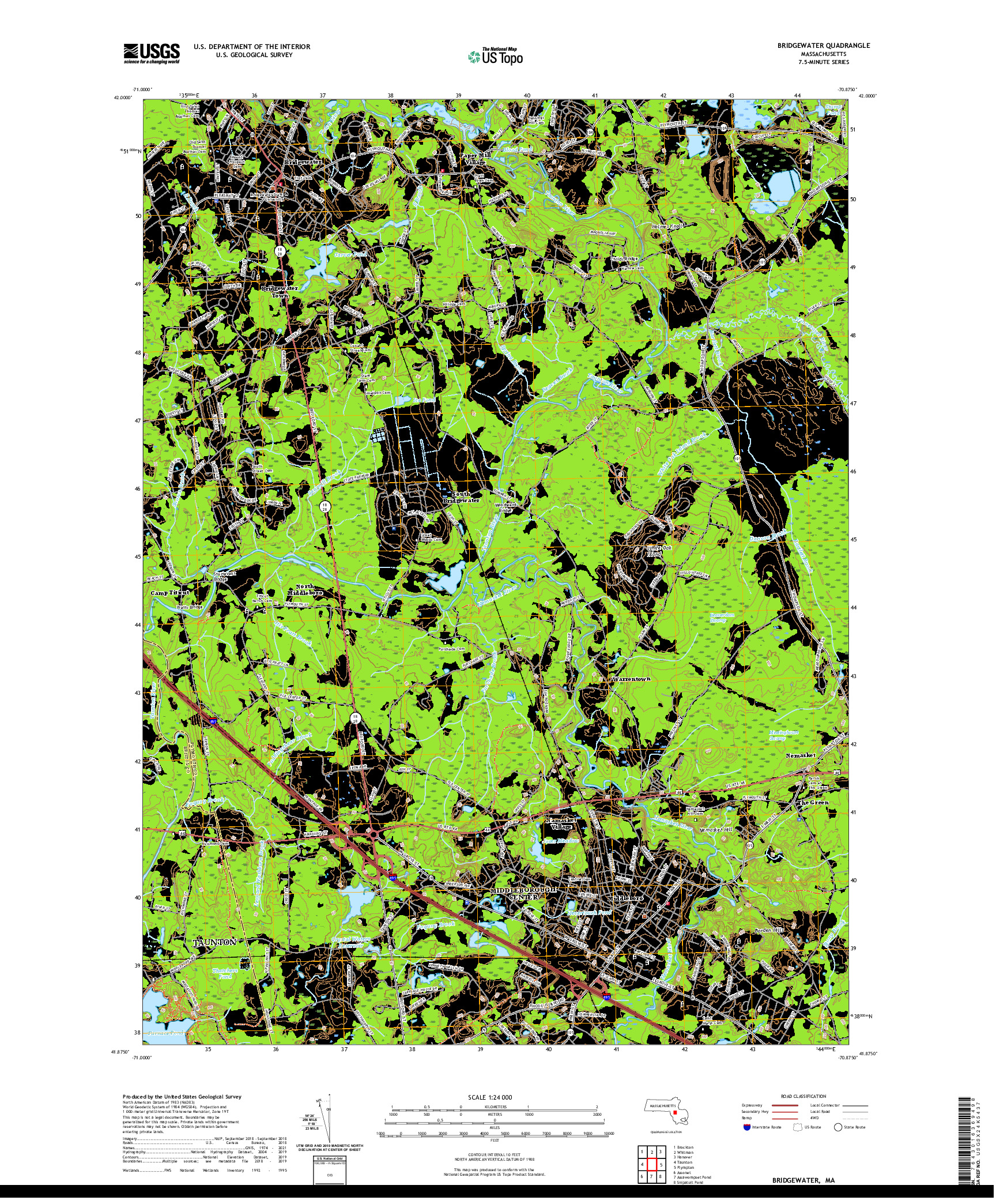 USGS US TOPO 7.5-MINUTE MAP FOR BRIDGEWATER, MA 2021