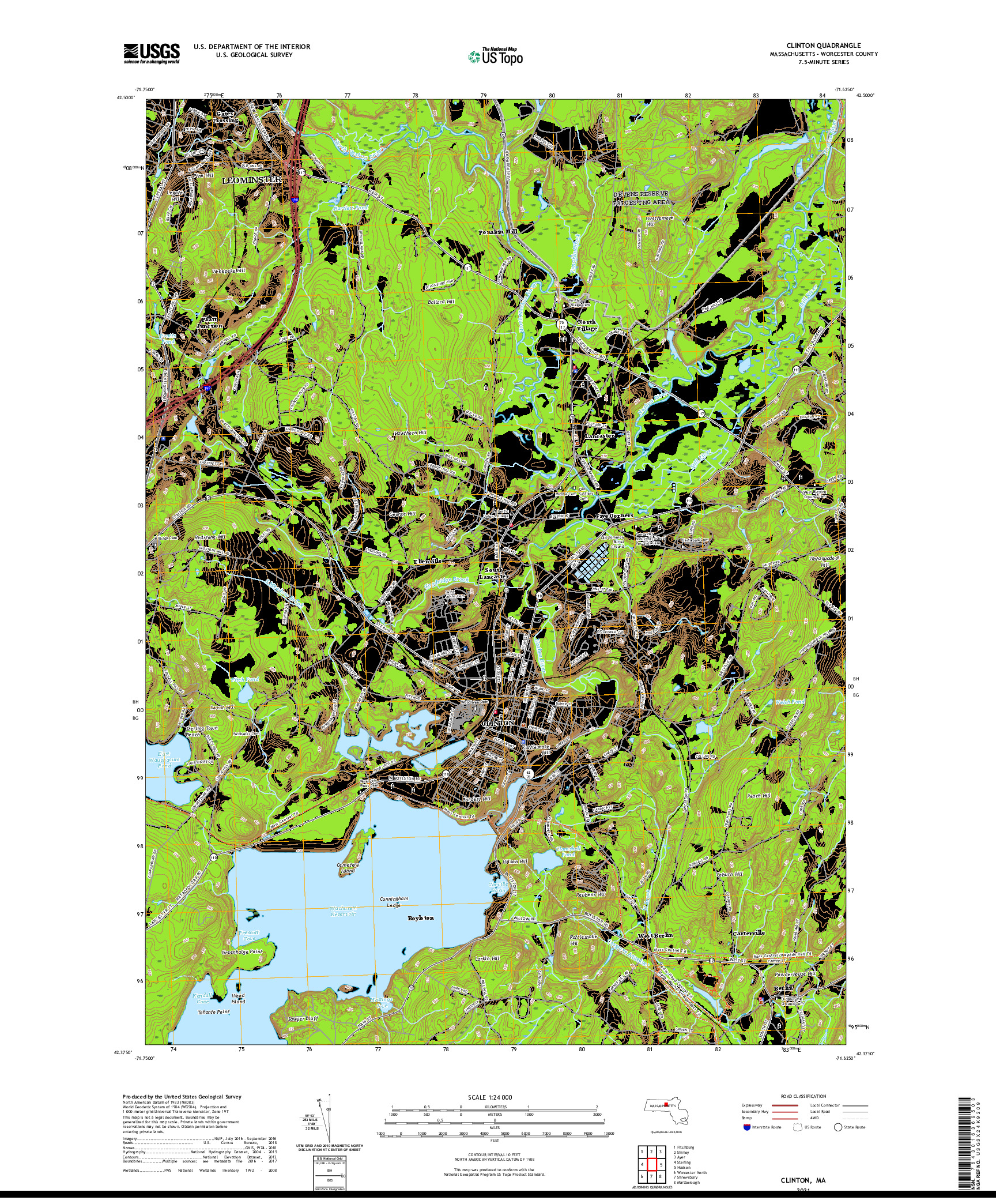 USGS US TOPO 7.5-MINUTE MAP FOR CLINTON, MA 2021
