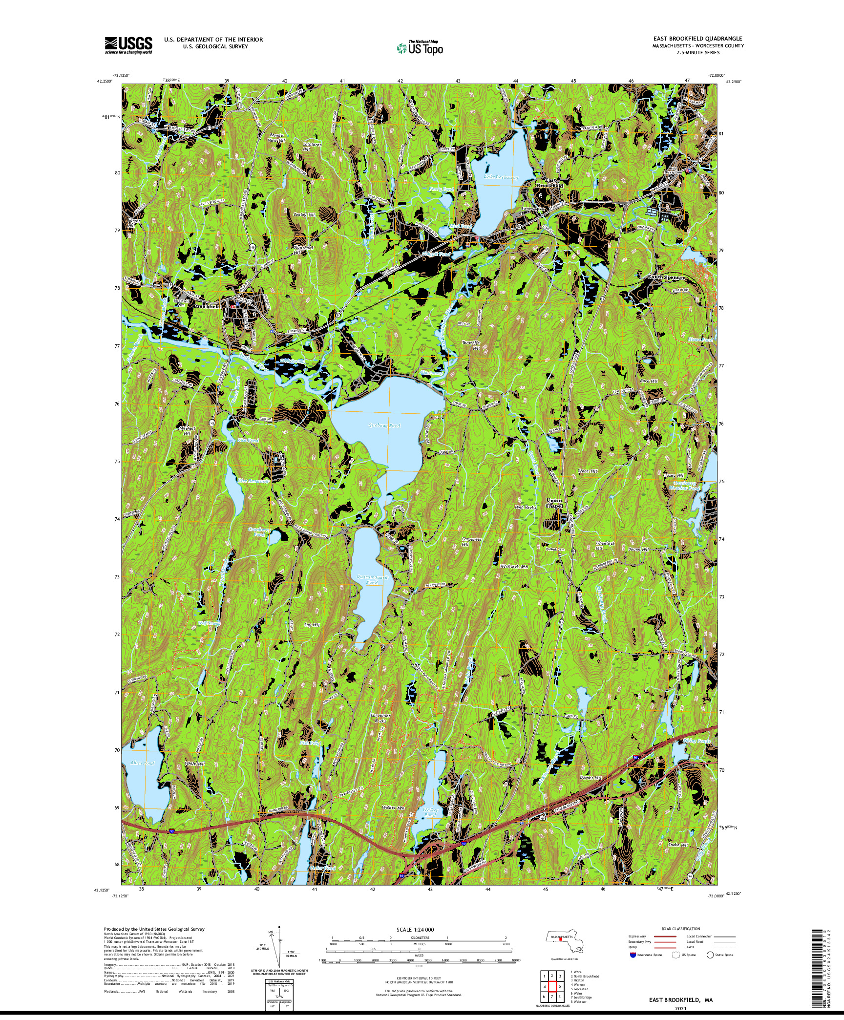 USGS US TOPO 7.5-MINUTE MAP FOR EAST BROOKFIELD, MA 2021