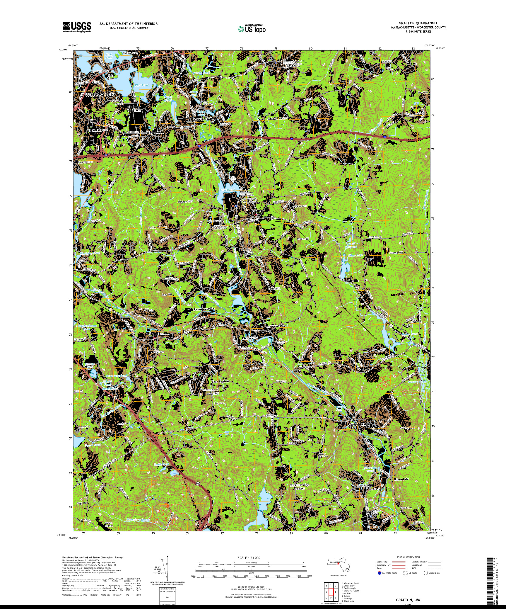 USGS US TOPO 7.5-MINUTE MAP FOR GRAFTON, MA 2021