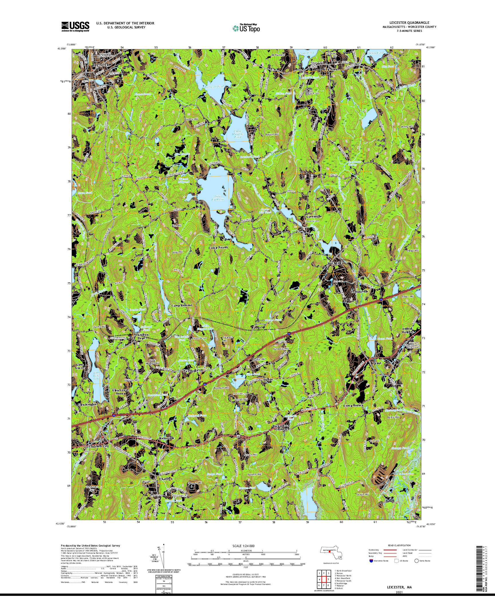 USGS US TOPO 7.5-MINUTE MAP FOR LEICESTER, MA 2021