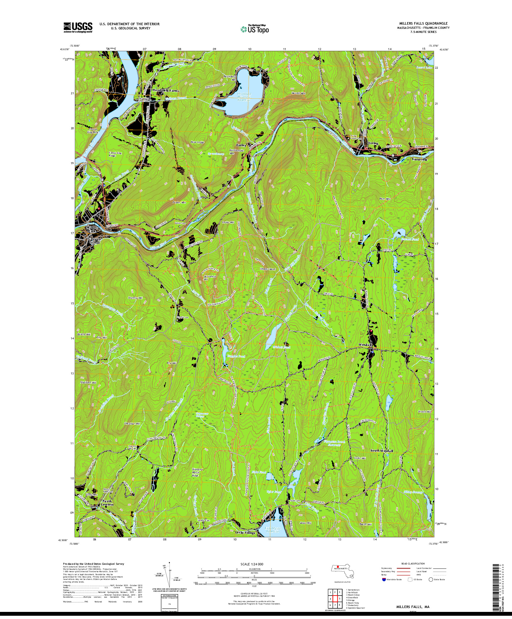 USGS US TOPO 7.5-MINUTE MAP FOR MILLERS FALLS, MA 2021