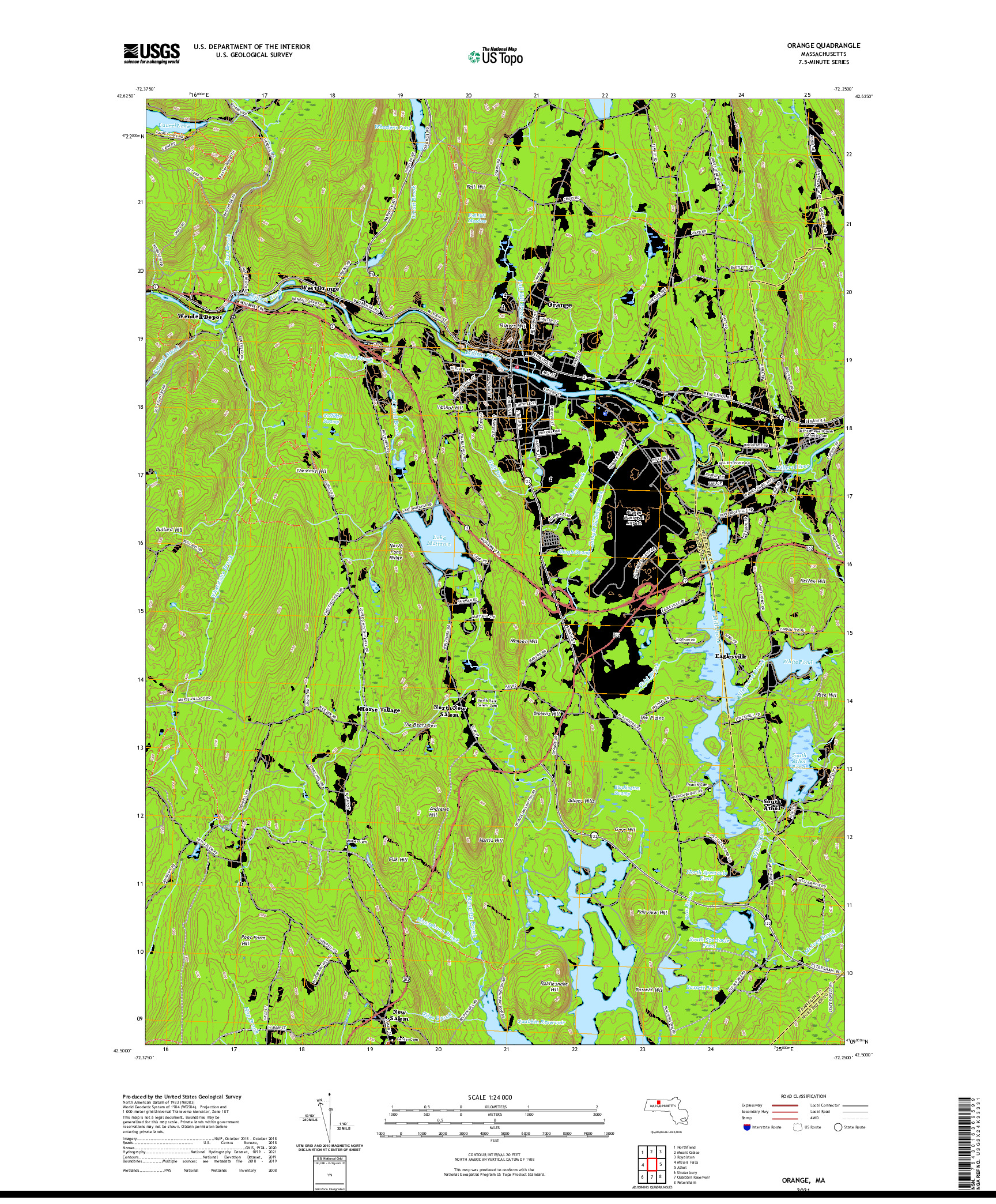 USGS US TOPO 7.5-MINUTE MAP FOR ORANGE, MA 2021