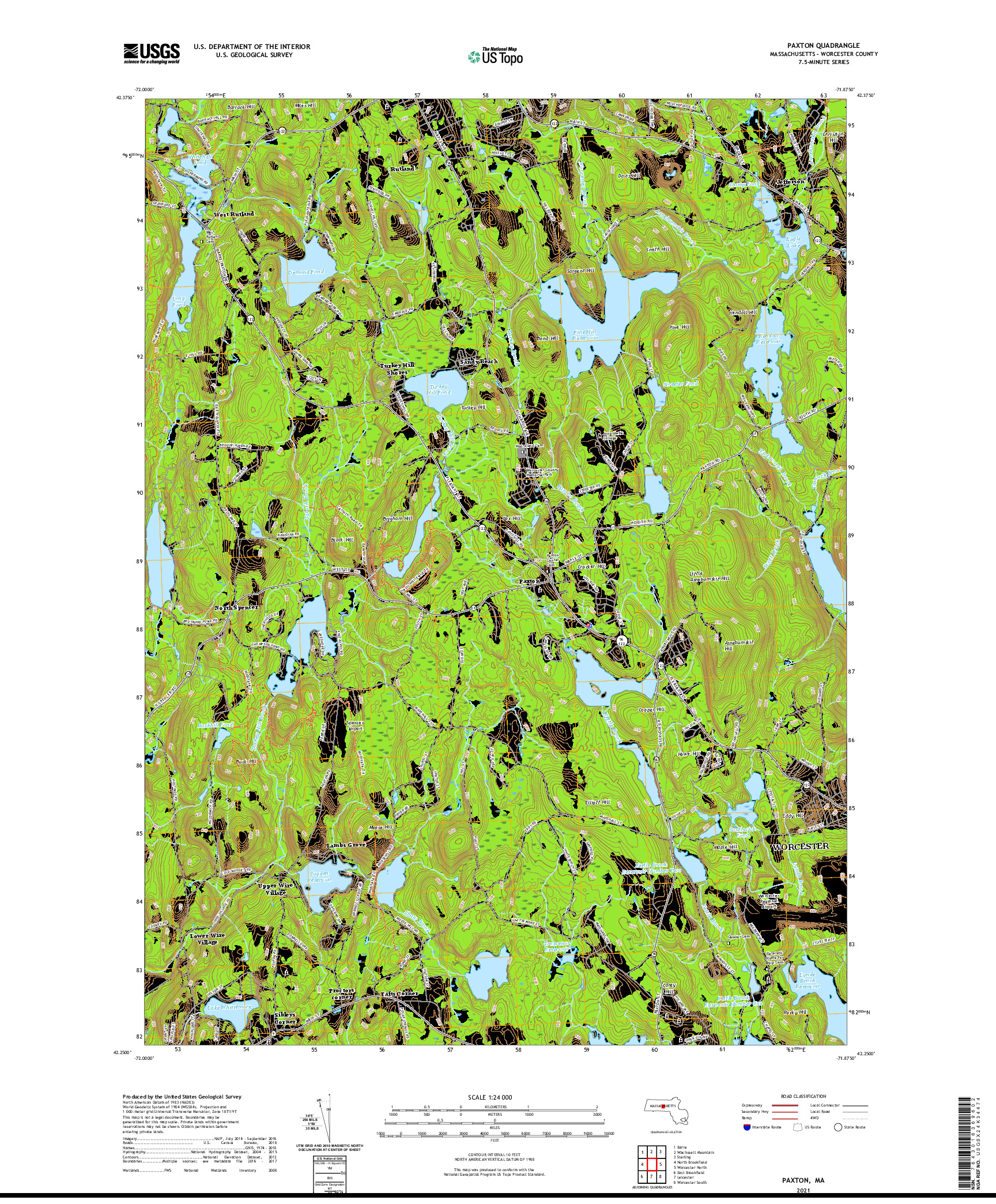 USGS US TOPO 7.5-MINUTE MAP FOR PAXTON, MA 2021