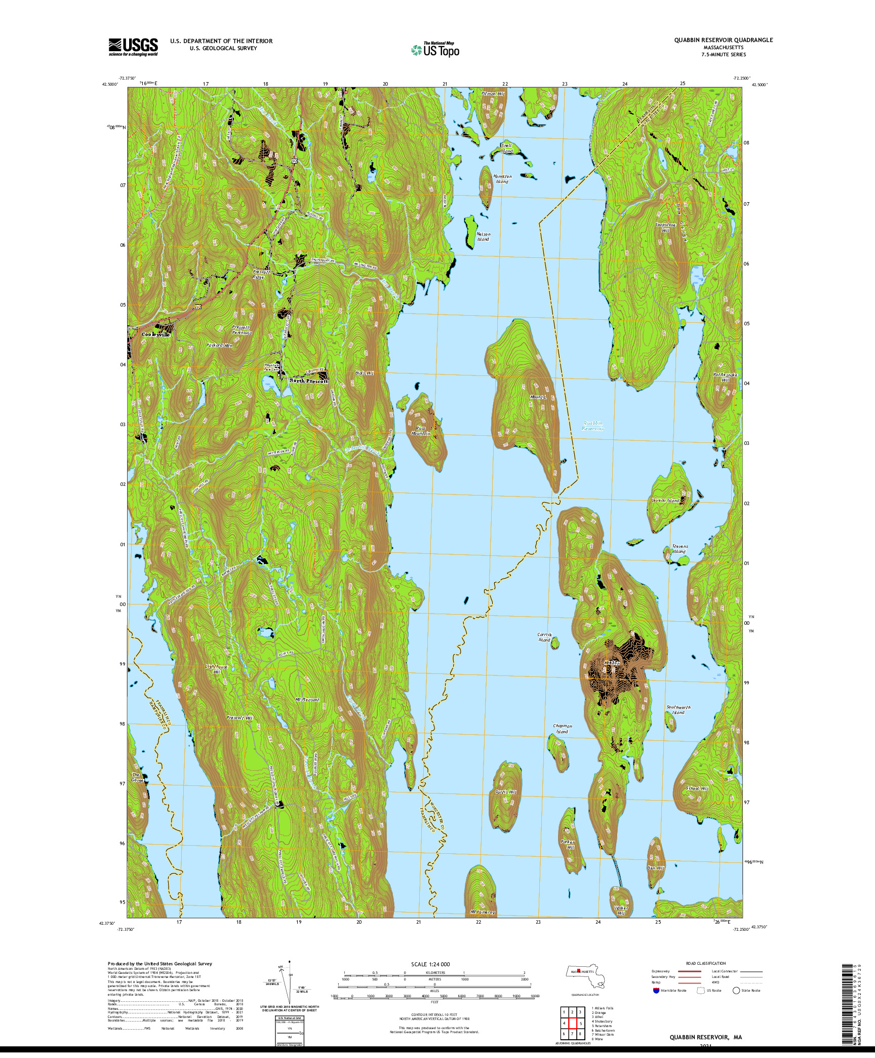 USGS US TOPO 7.5-MINUTE MAP FOR QUABBIN RESERVOIR, MA 2021