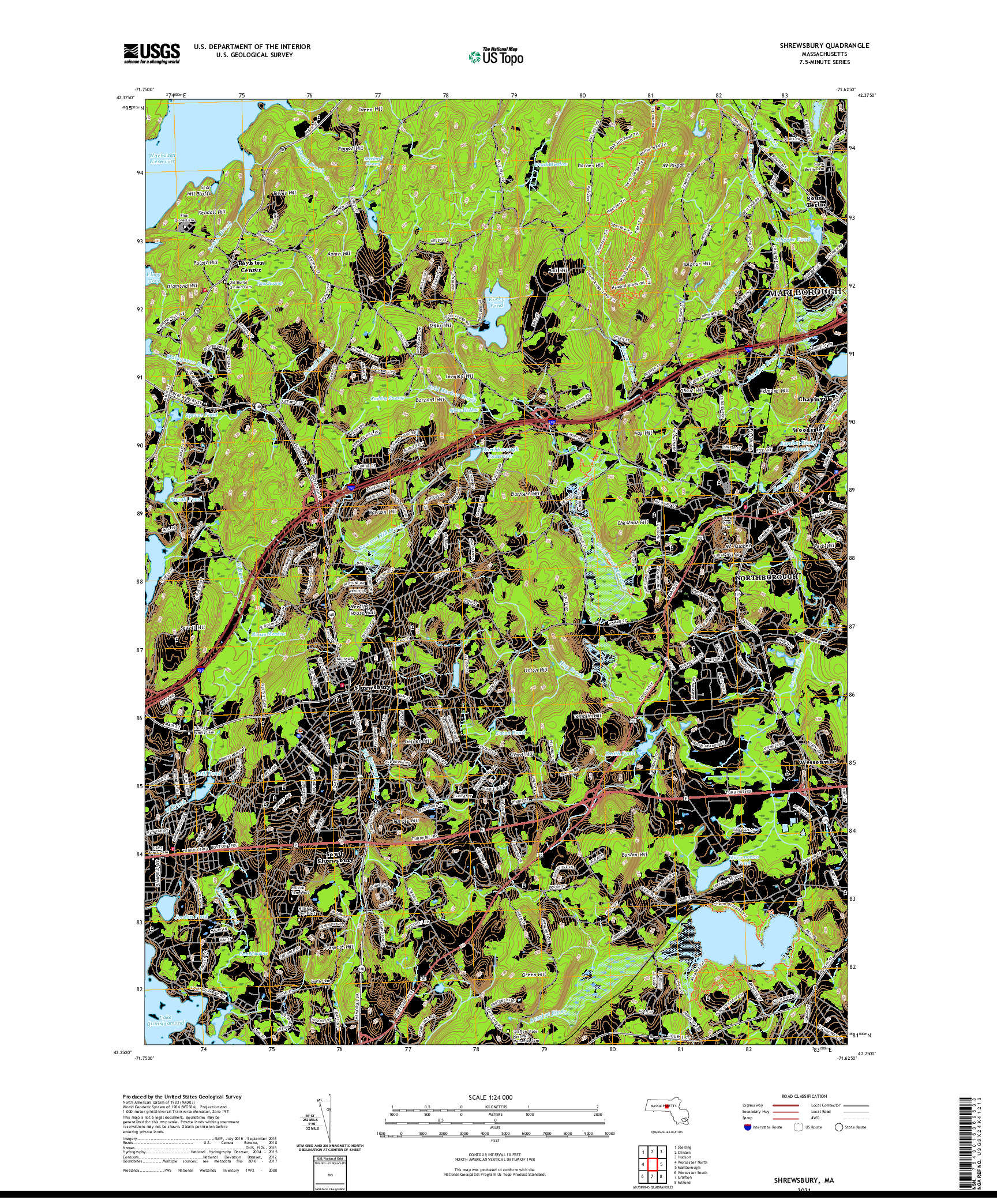 USGS US TOPO 7.5-MINUTE MAP FOR SHREWSBURY, MA 2021