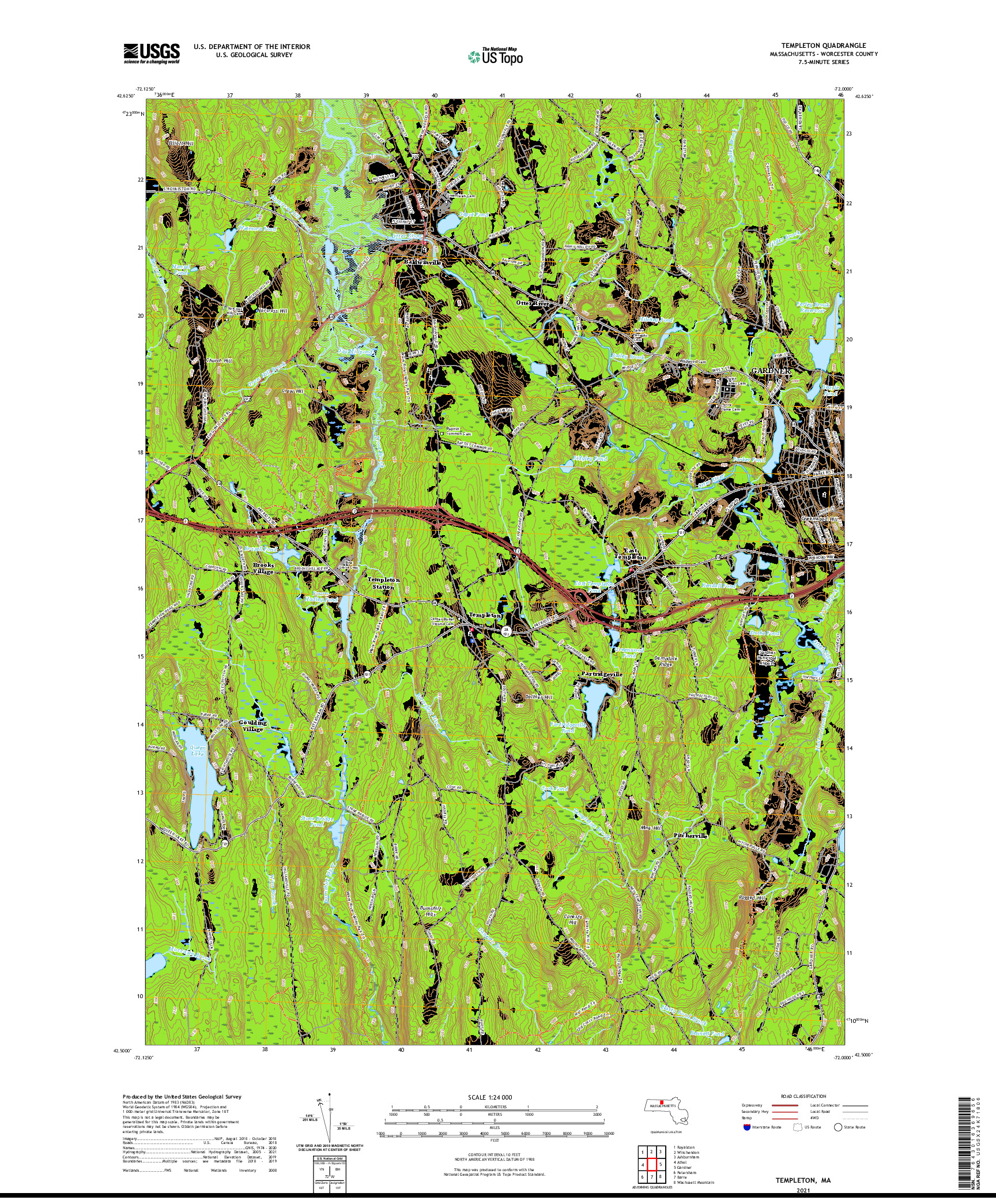USGS US TOPO 7.5-MINUTE MAP FOR TEMPLETON, MA 2021