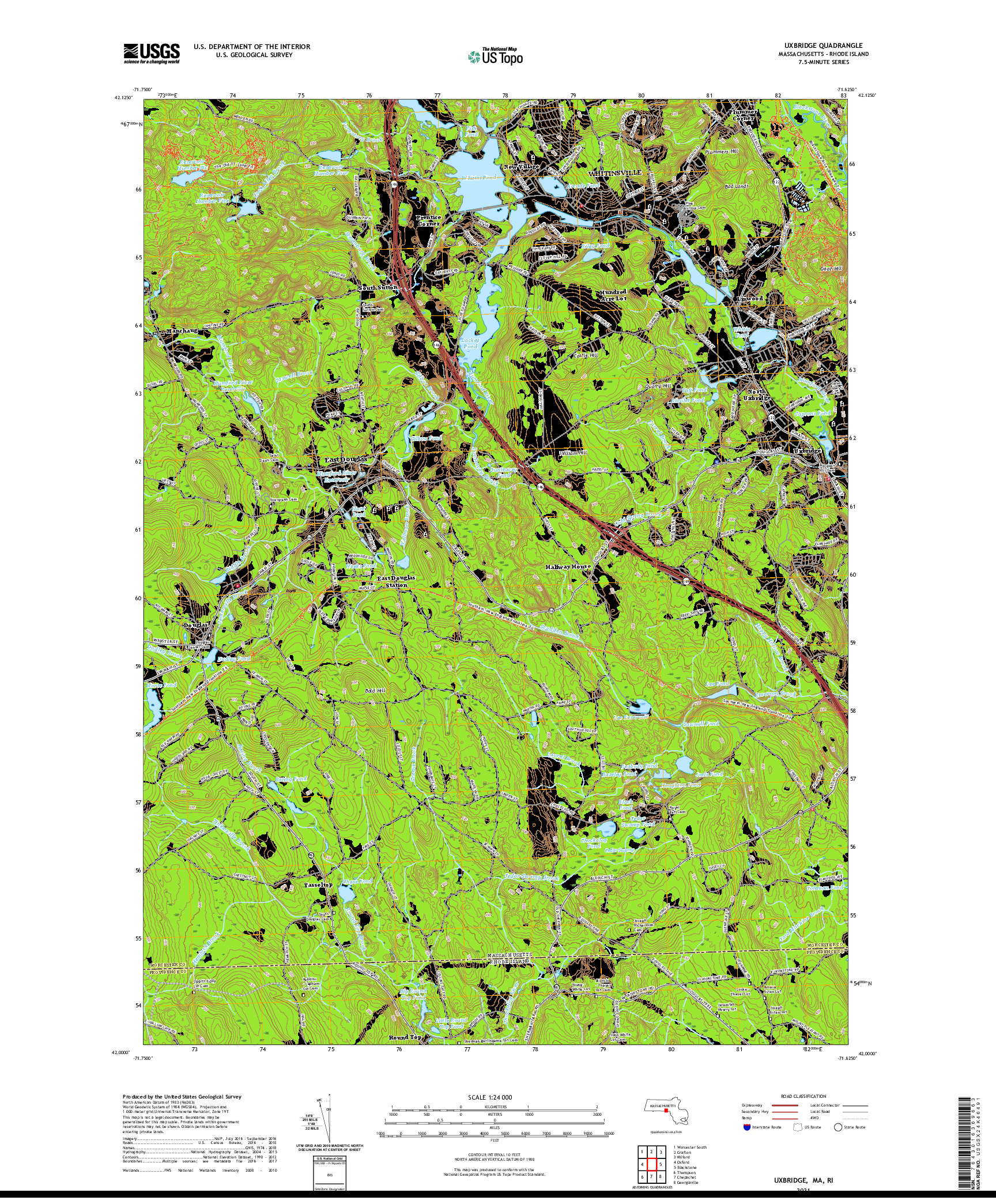 USGS US TOPO 7.5-MINUTE MAP FOR UXBRIDGE, MA,RI 2021