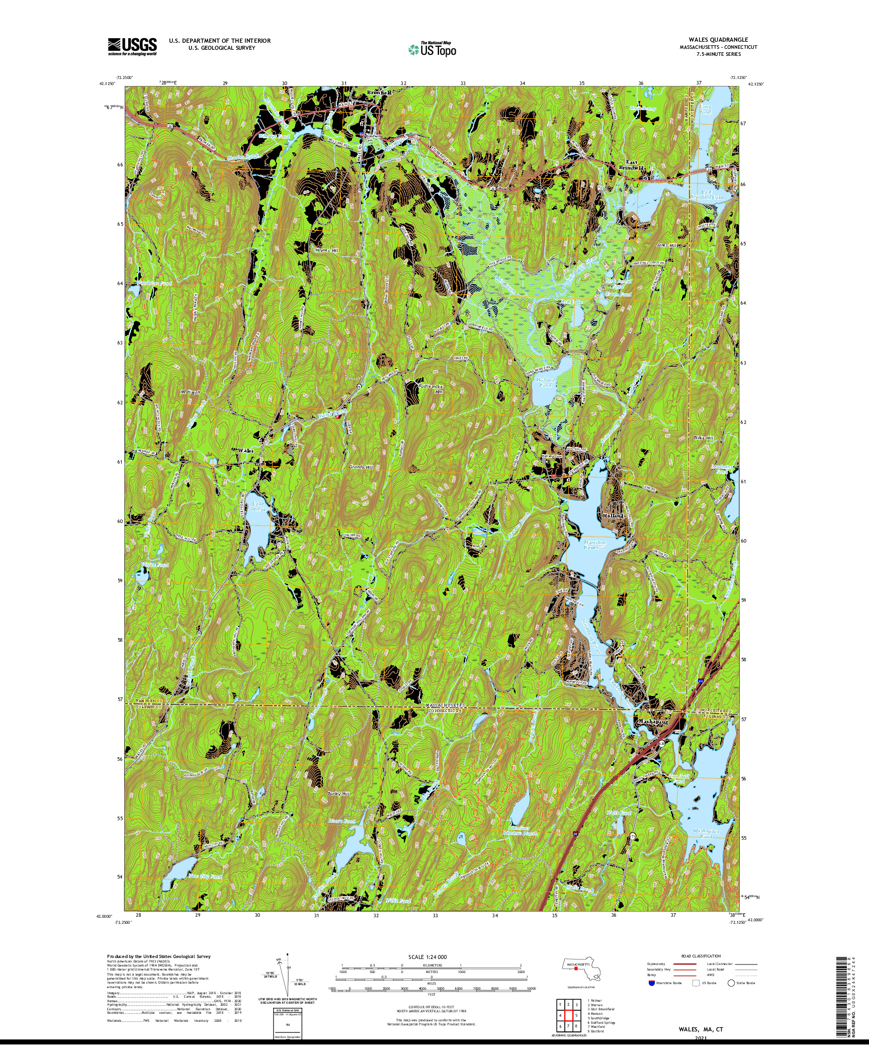 USGS US TOPO 7.5-MINUTE MAP FOR WALES, MA,CT 2021