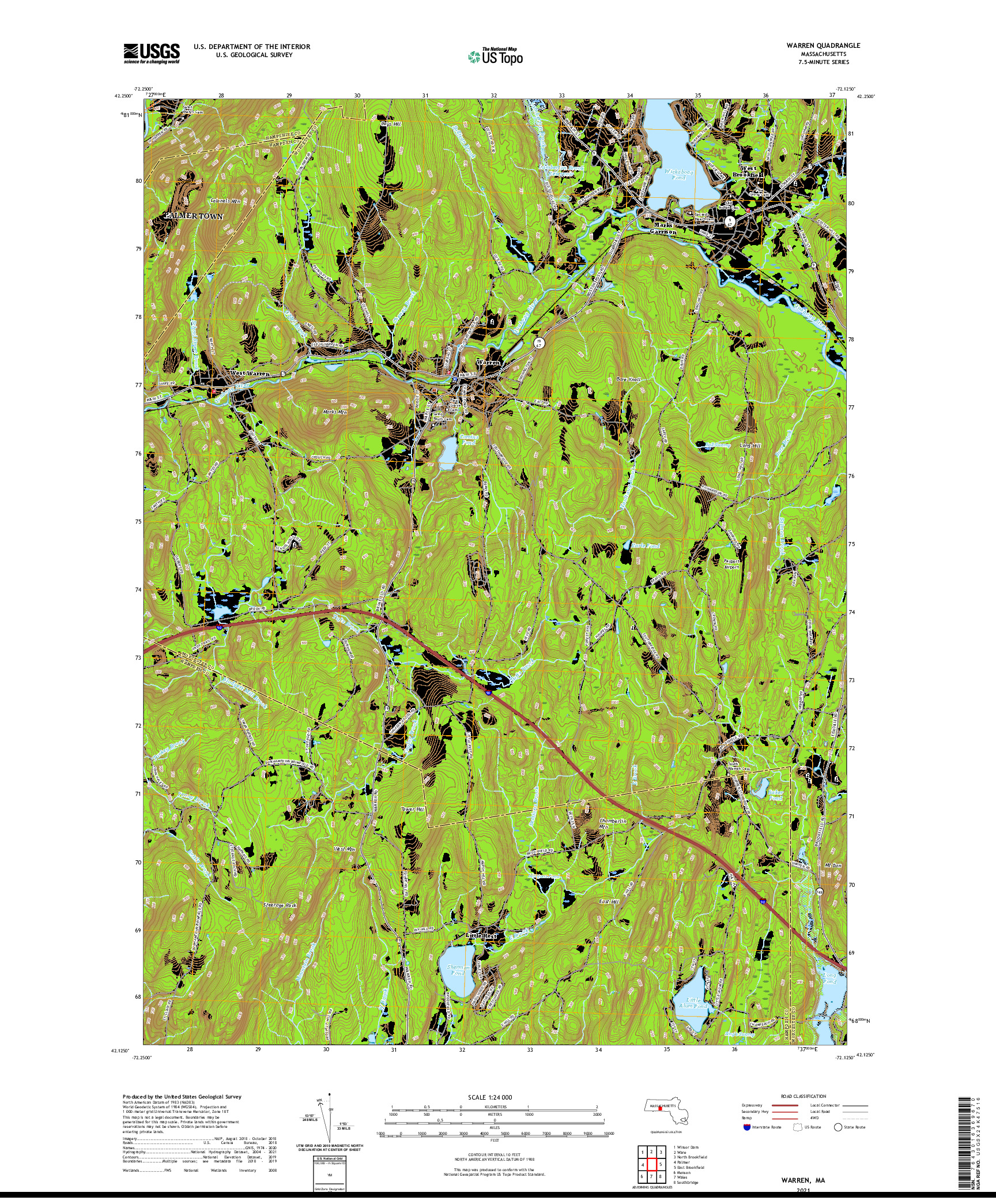 USGS US TOPO 7.5-MINUTE MAP FOR WARREN, MA 2021