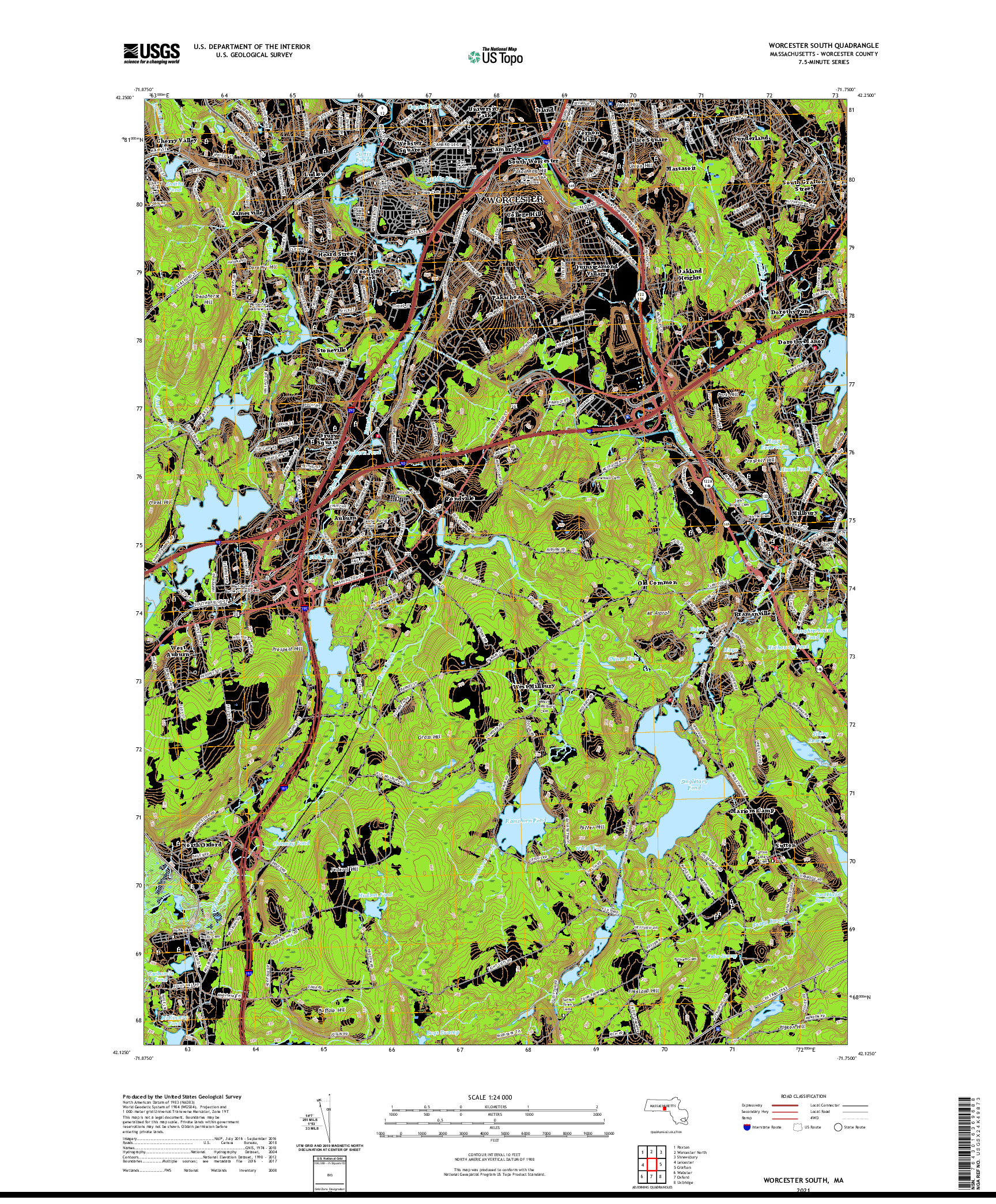 USGS US TOPO 7.5-MINUTE MAP FOR WORCESTER SOUTH, MA 2021