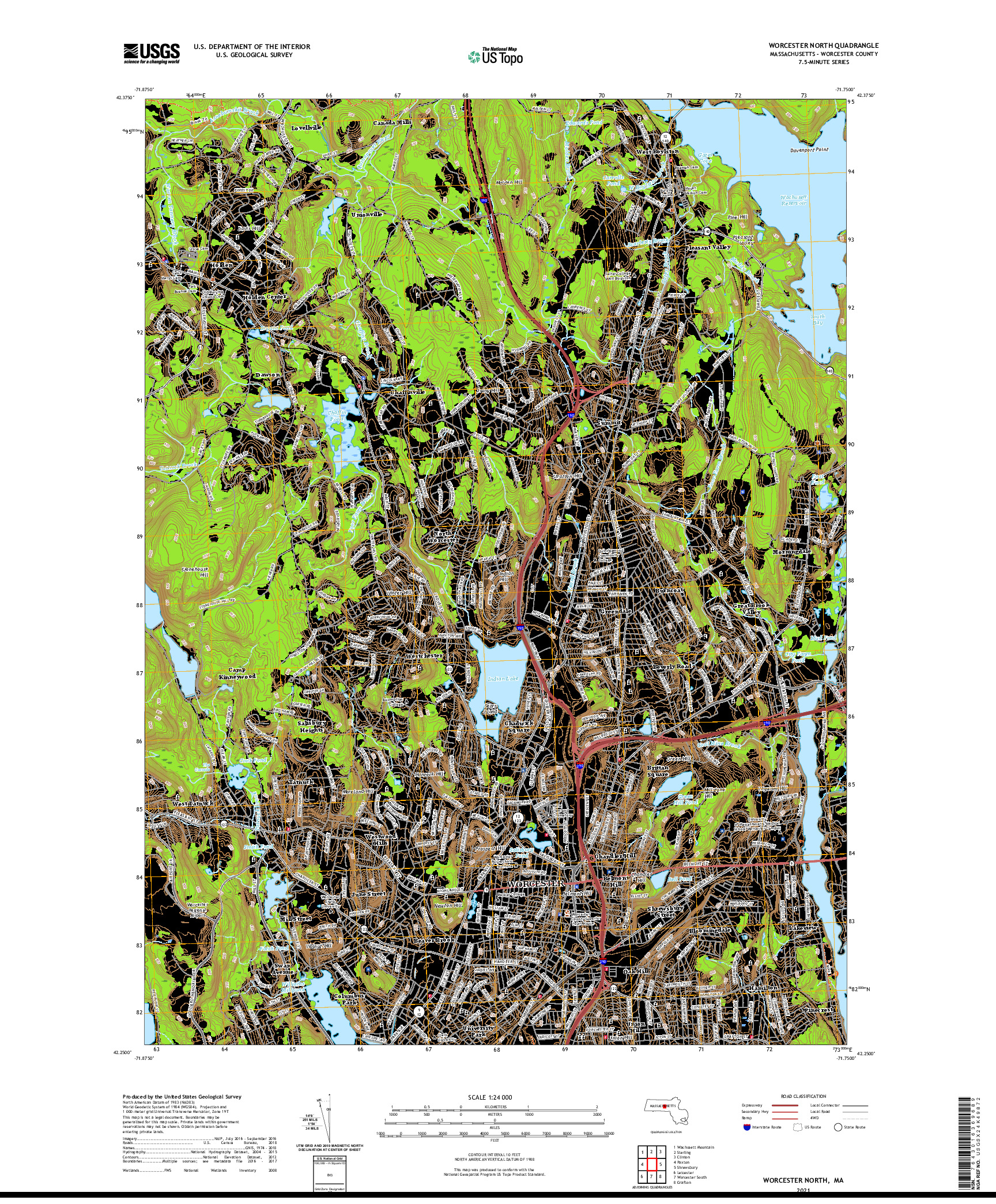 USGS US TOPO 7.5-MINUTE MAP FOR WORCESTER NORTH, MA 2021