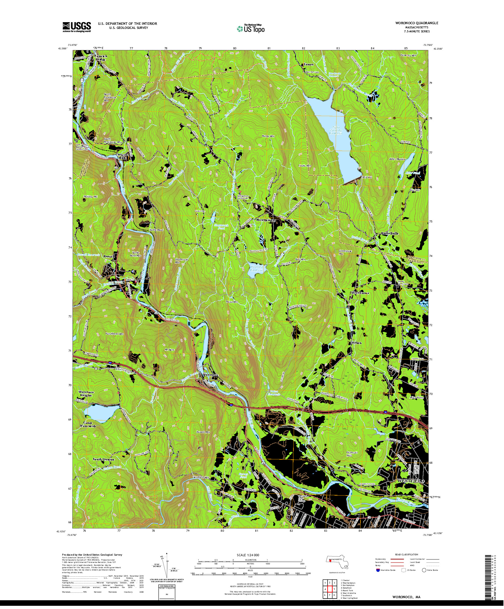 USGS US TOPO 7.5-MINUTE MAP FOR WORONOCO, MA 2021