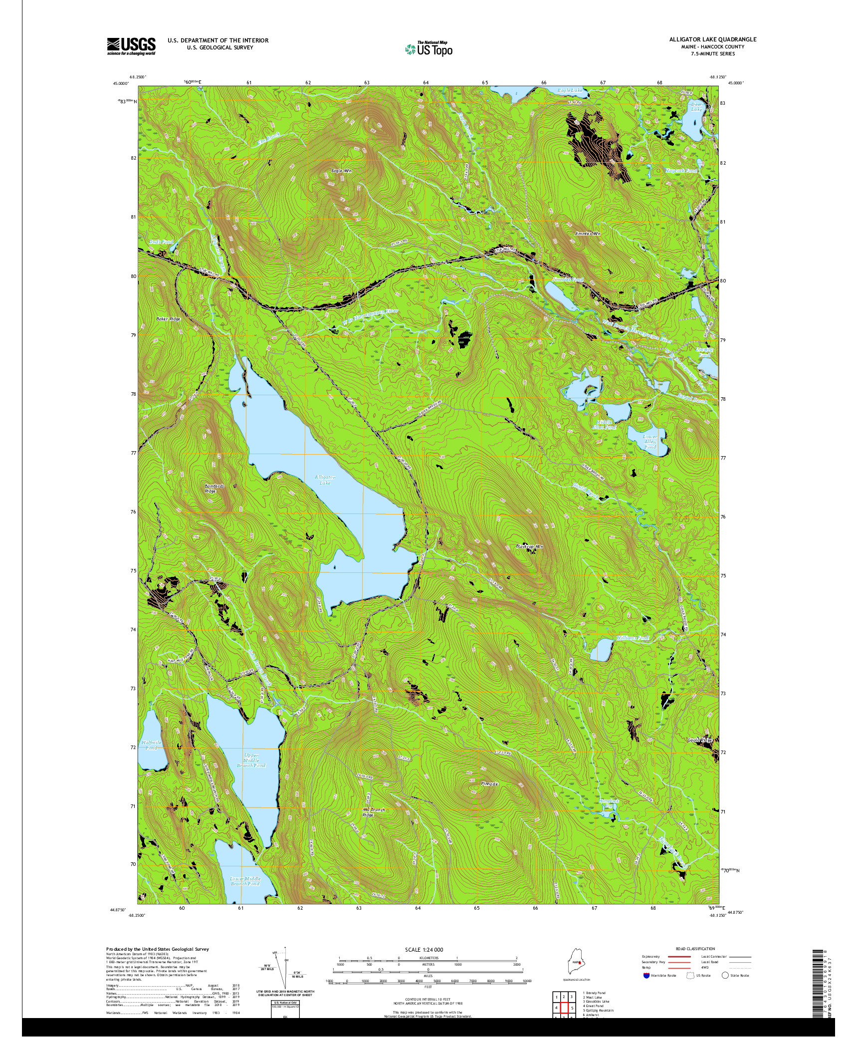 USGS US TOPO 7.5-MINUTE MAP FOR ALLIGATOR LAKE, ME 2021