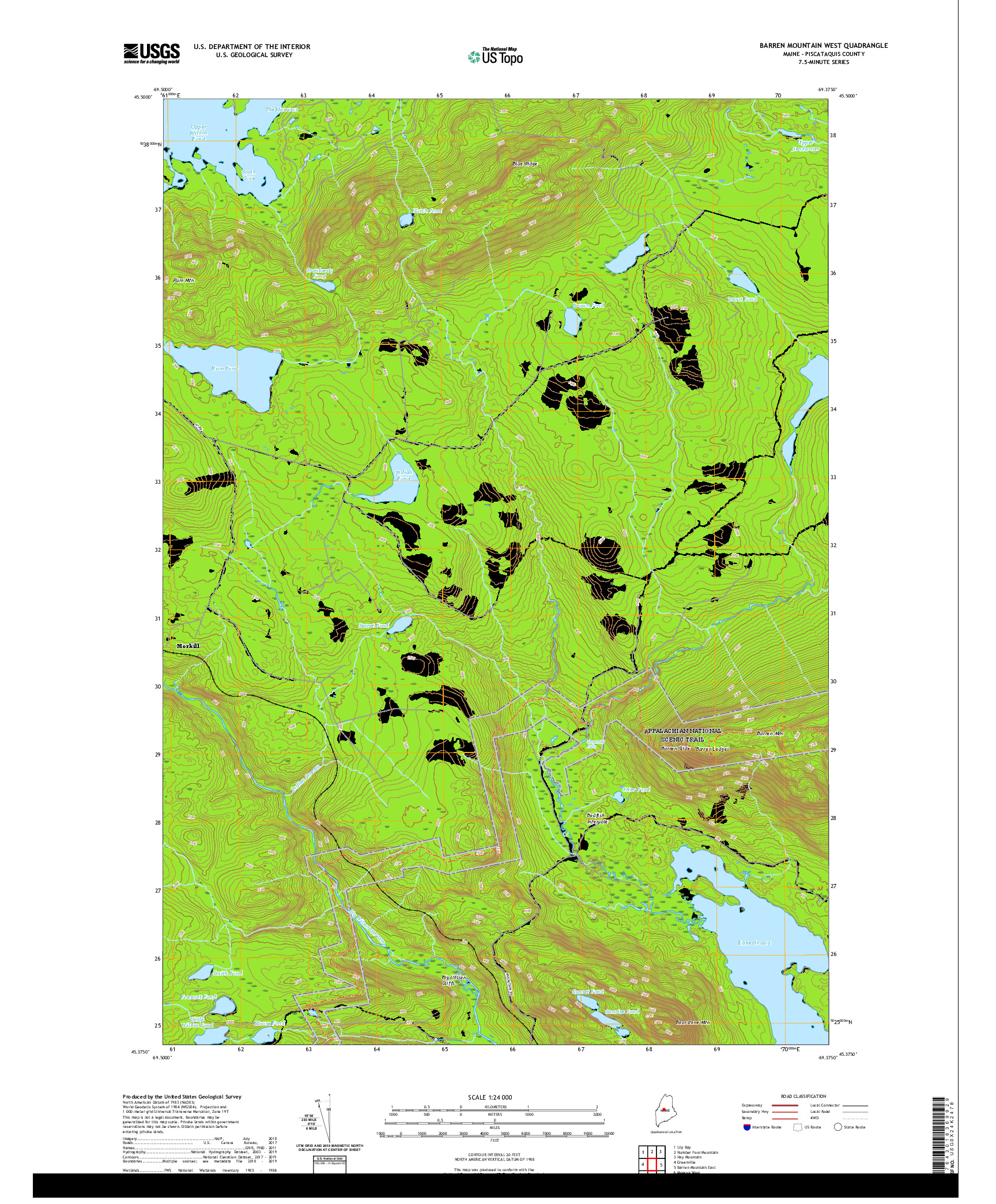 USGS US TOPO 7.5-MINUTE MAP FOR BARREN MOUNTAIN WEST, ME 2021