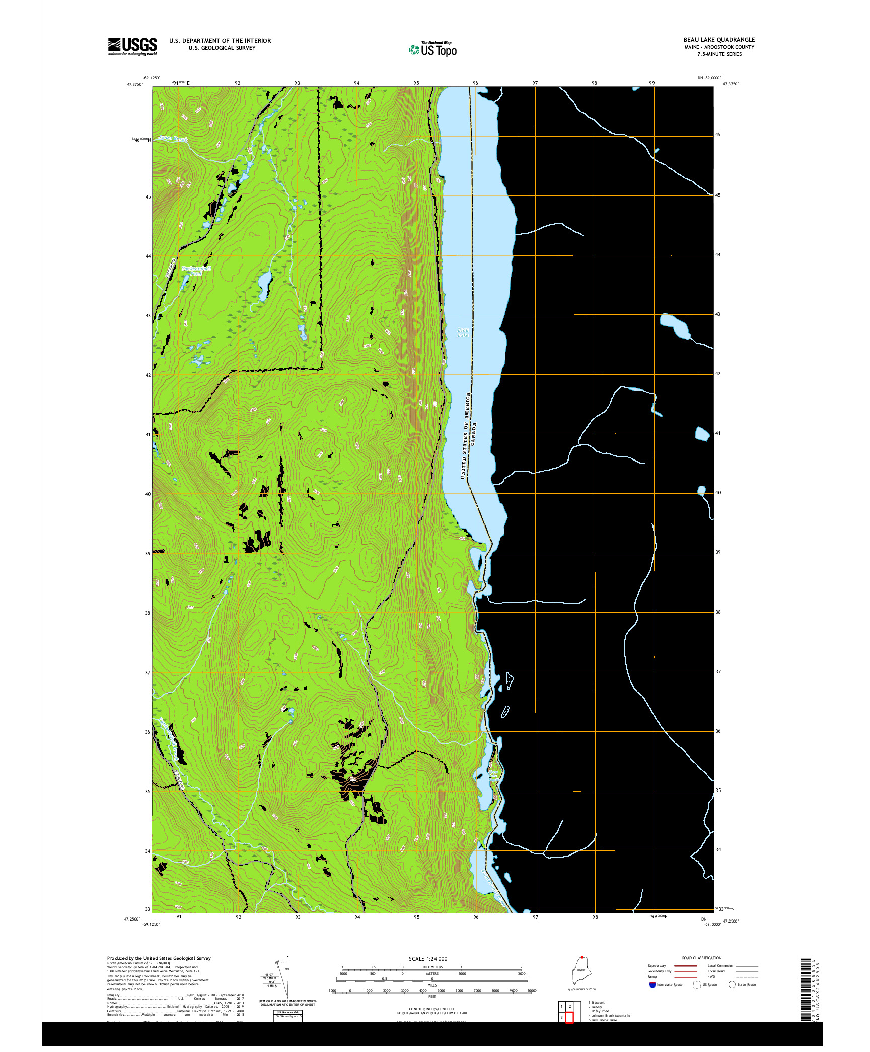 USGS US TOPO 7.5-MINUTE MAP FOR BEAU LAKE, ME,QC,NB 2021