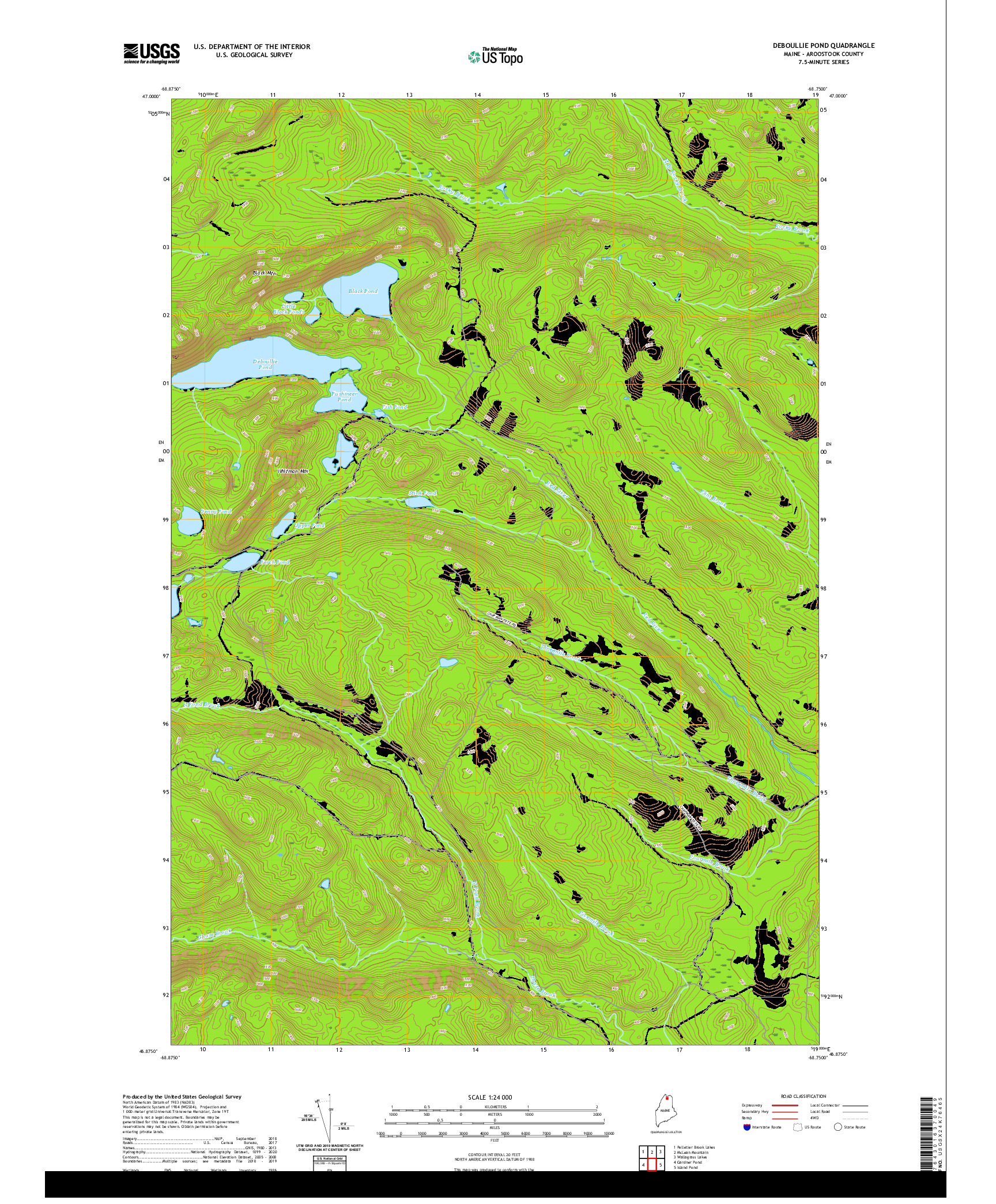 USGS US TOPO 7.5-MINUTE MAP FOR DEBOULLIE POND, ME 2021