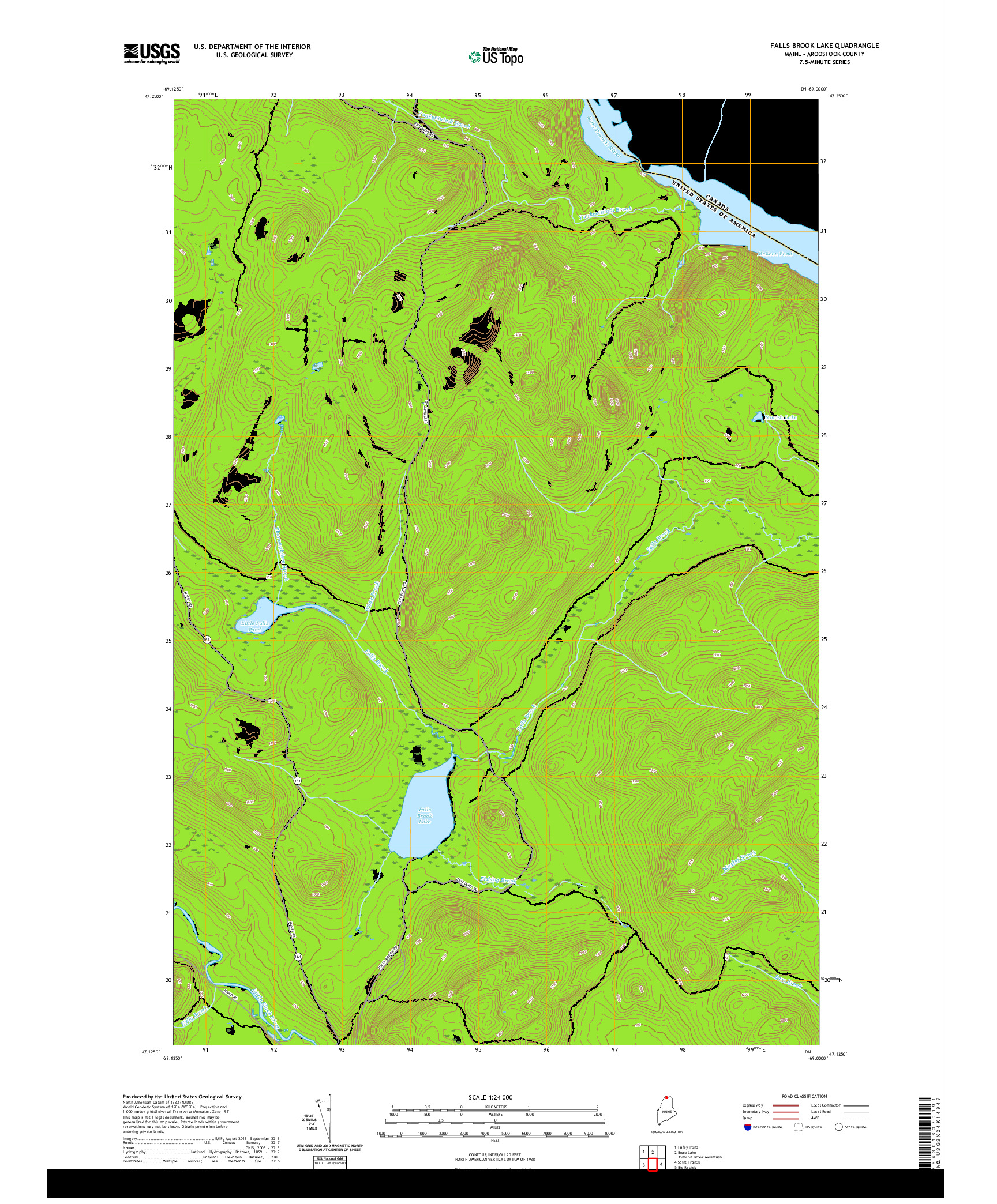 USGS US TOPO 7.5-MINUTE MAP FOR FALLS BROOK LAKE, ME,NB 2021