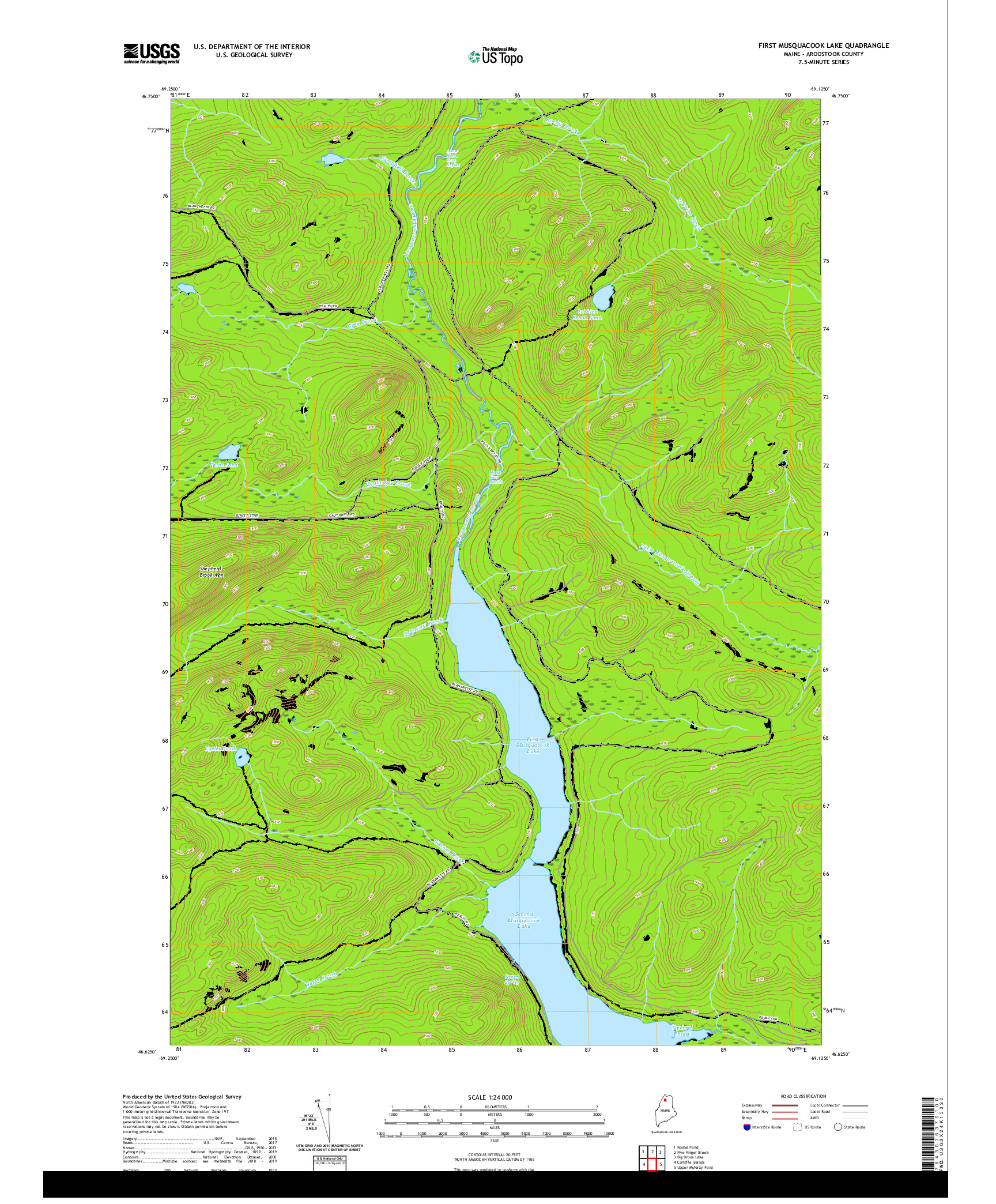 USGS US TOPO 7.5-MINUTE MAP FOR FIRST MUSQUACOOK LAKE, ME 2021