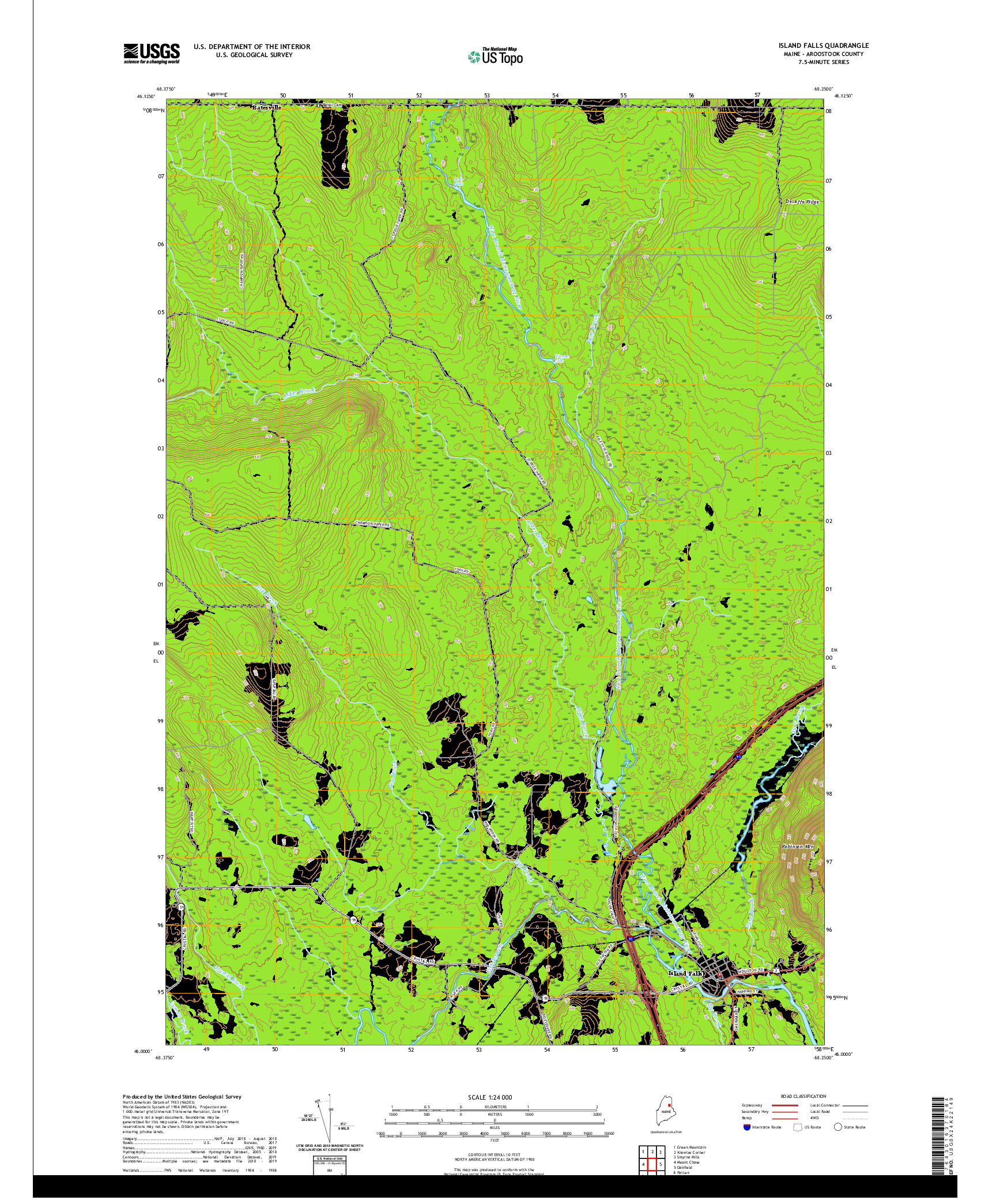 USGS US TOPO 7.5-MINUTE MAP FOR ISLAND FALLS, ME 2021