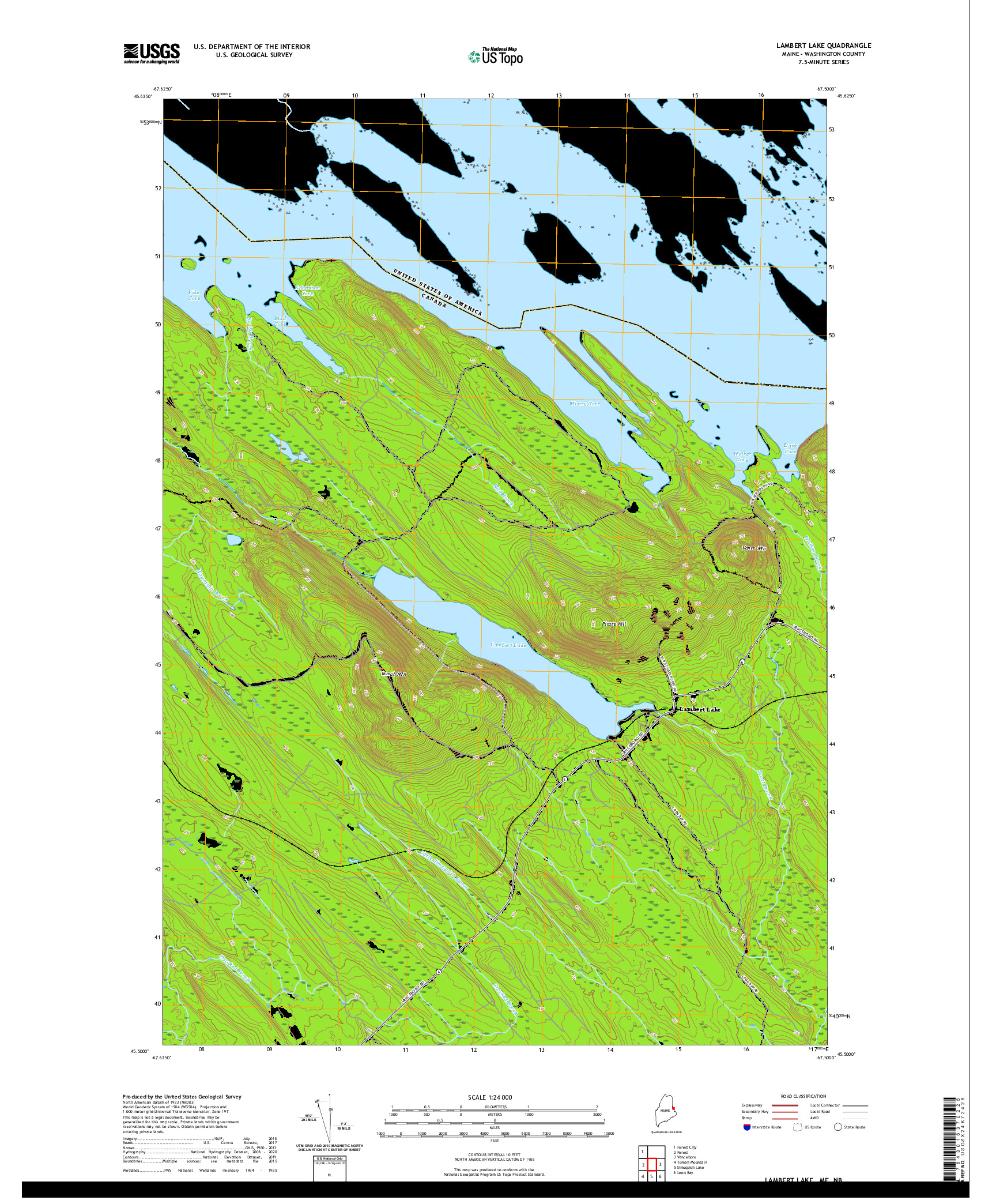 USGS US TOPO 7.5-MINUTE MAP FOR LAMBERT LAKE, ME,NB 2021