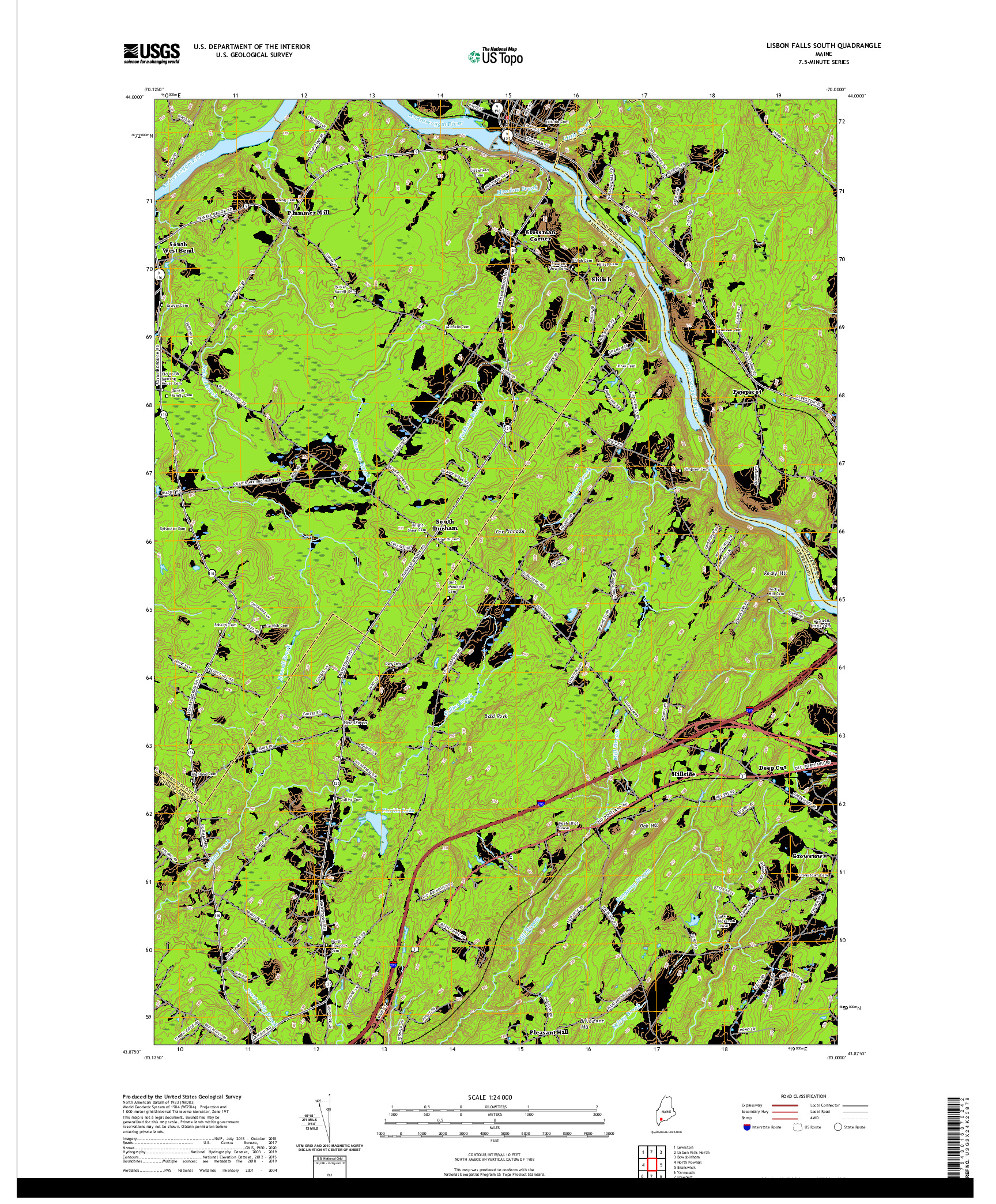 USGS US TOPO 7.5-MINUTE MAP FOR LISBON FALLS SOUTH, ME 2021