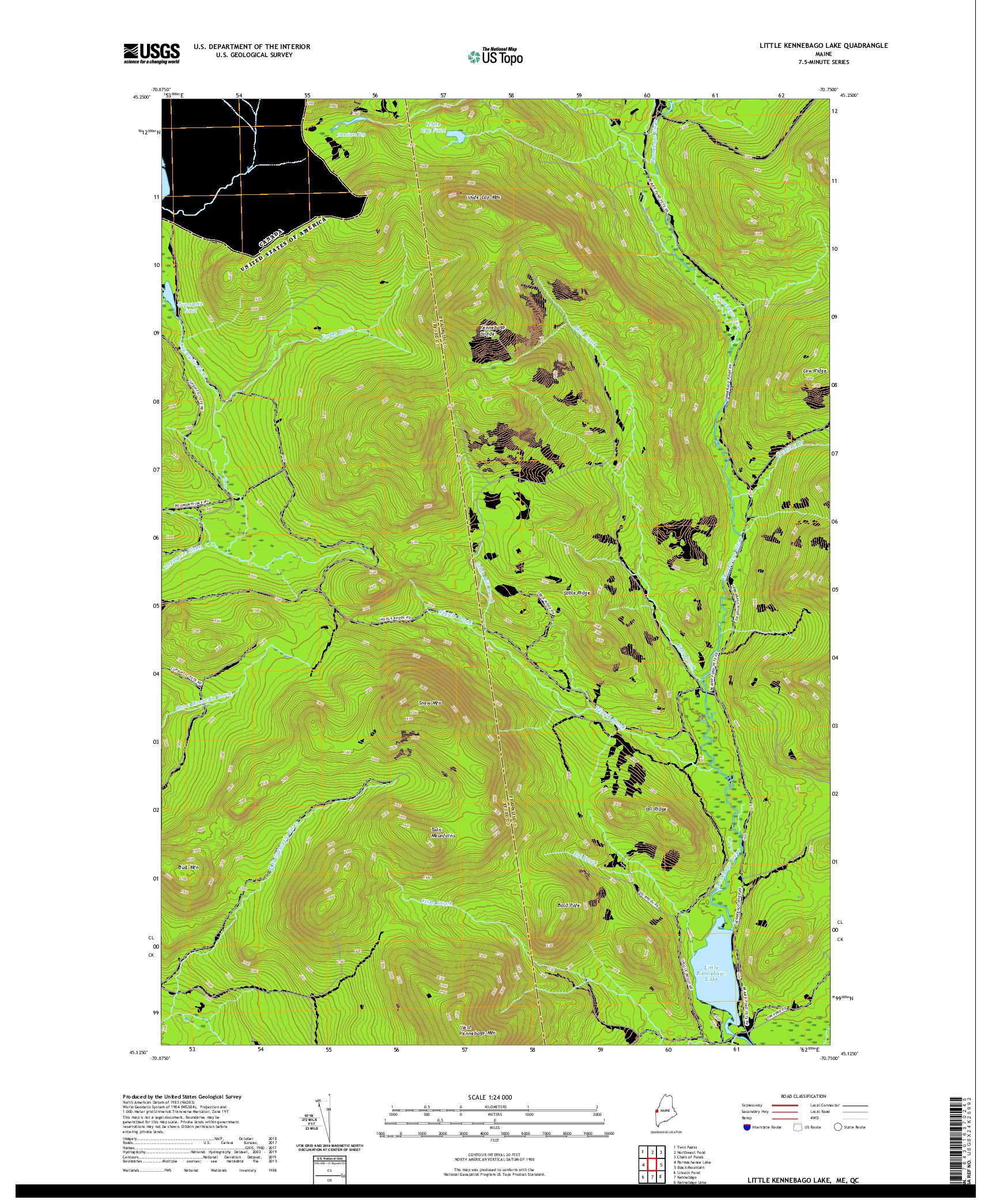 USGS US TOPO 7.5-MINUTE MAP FOR LITTLE KENNEBAGO LAKE, ME,QC 2021