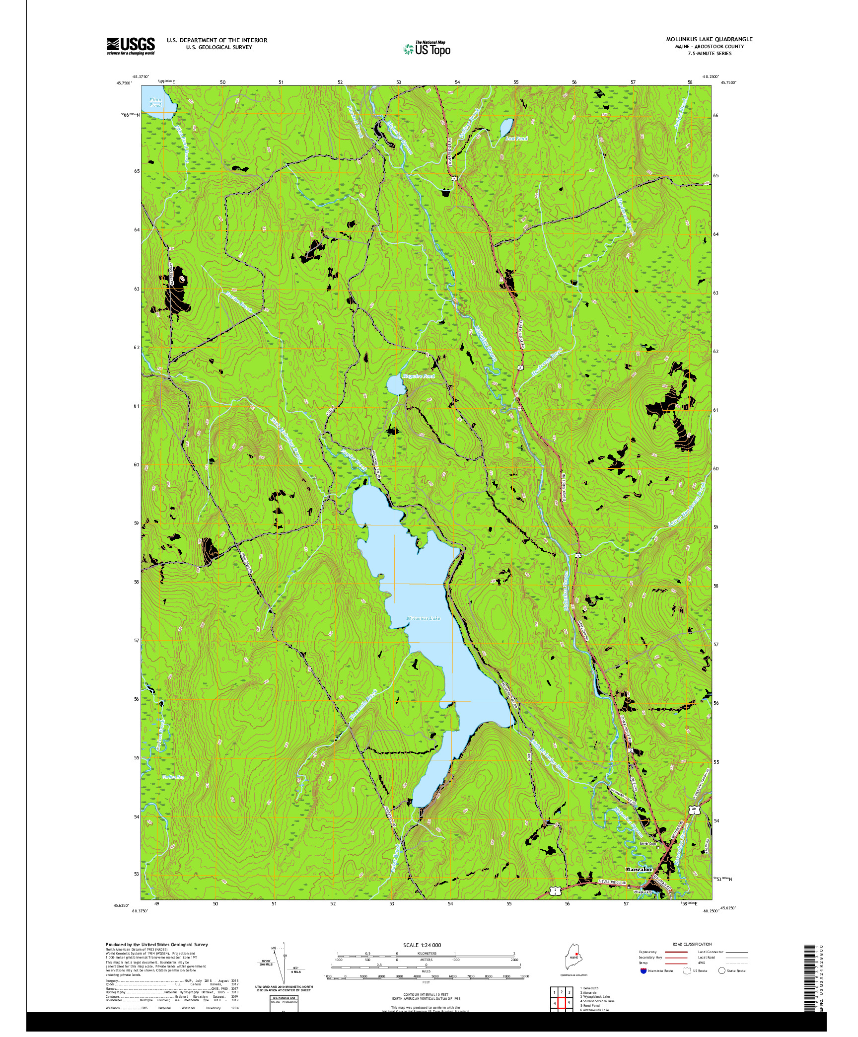 USGS US TOPO 7.5-MINUTE MAP FOR MOLUNKUS LAKE, ME 2021