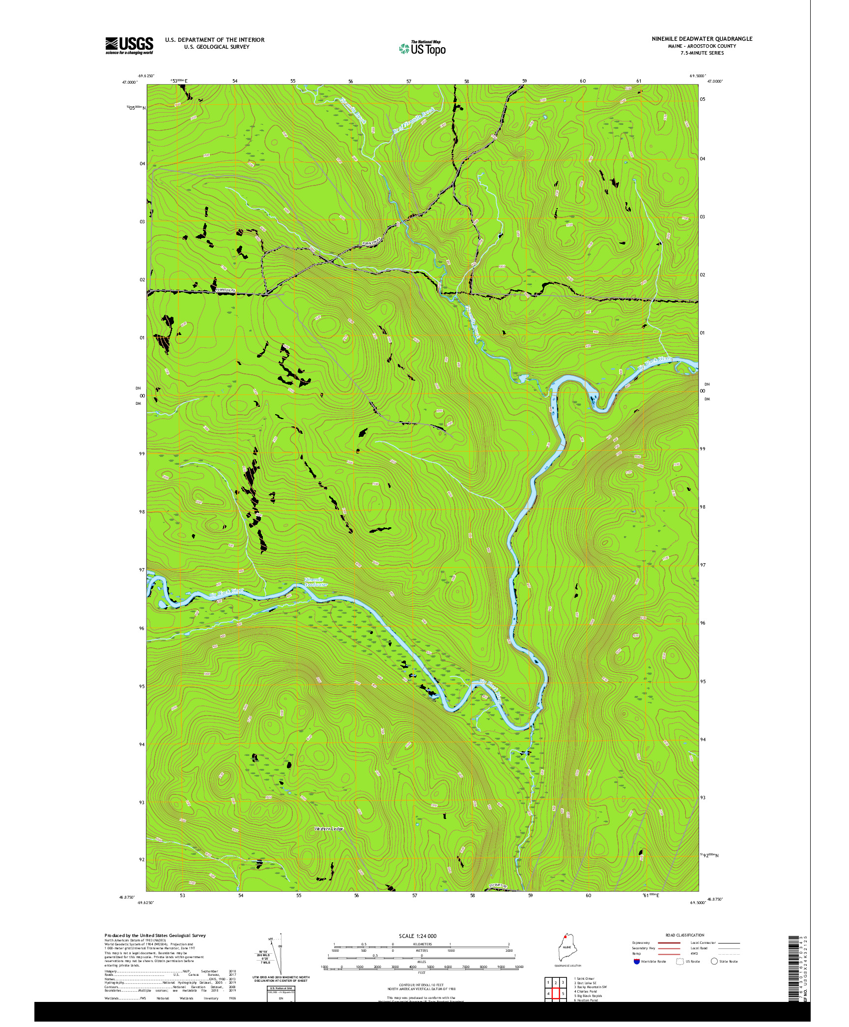 USGS US TOPO 7.5-MINUTE MAP FOR NINEMILE DEADWATER, ME 2021