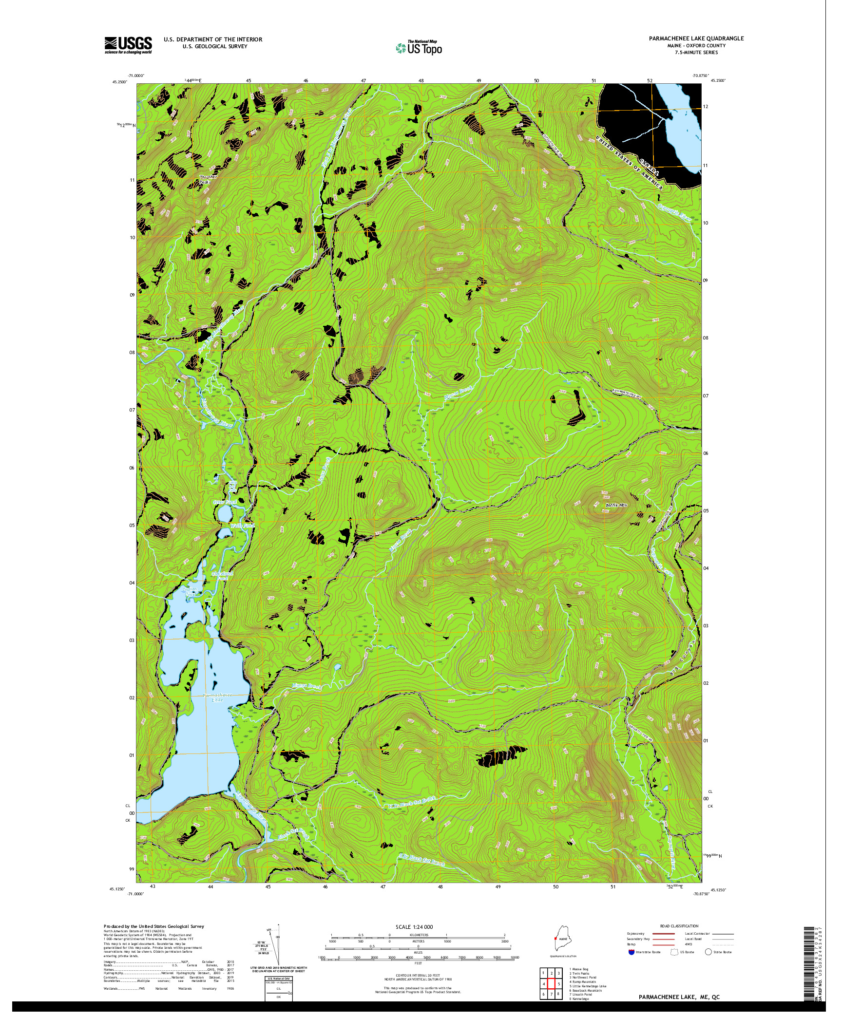 USGS US TOPO 7.5-MINUTE MAP FOR PARMACHENEE LAKE, ME,QC 2021