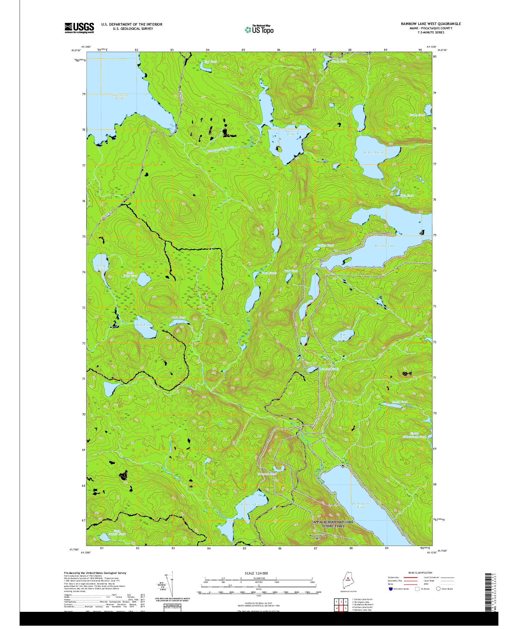 USGS US TOPO 7.5-MINUTE MAP FOR RAINBOW LAKE WEST, ME 2021
