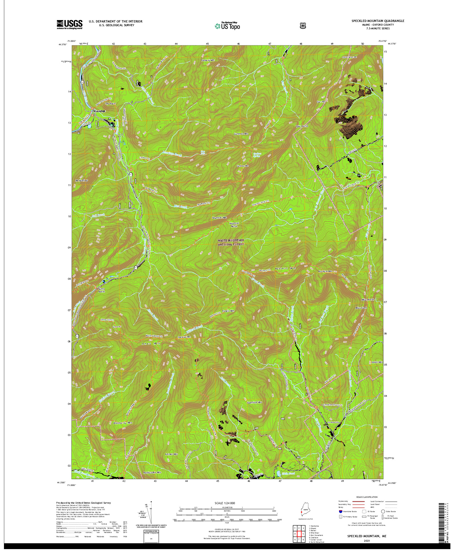 USGS US TOPO 7.5-MINUTE MAP FOR SPECKLED MOUNTAIN, ME 2021