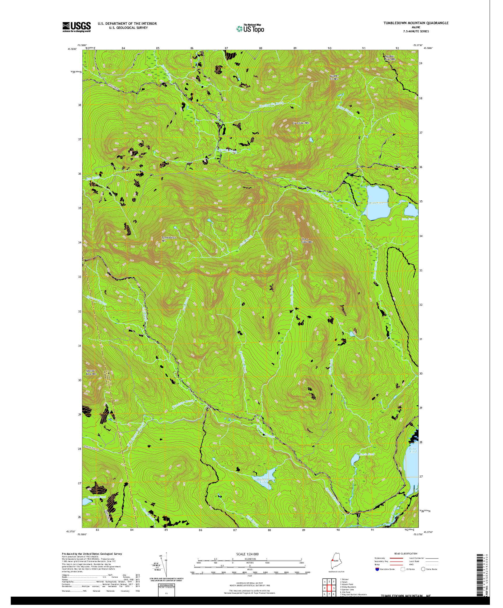 USGS US TOPO 7.5-MINUTE MAP FOR TUMBLEDOWN MOUNTAIN, ME 2021