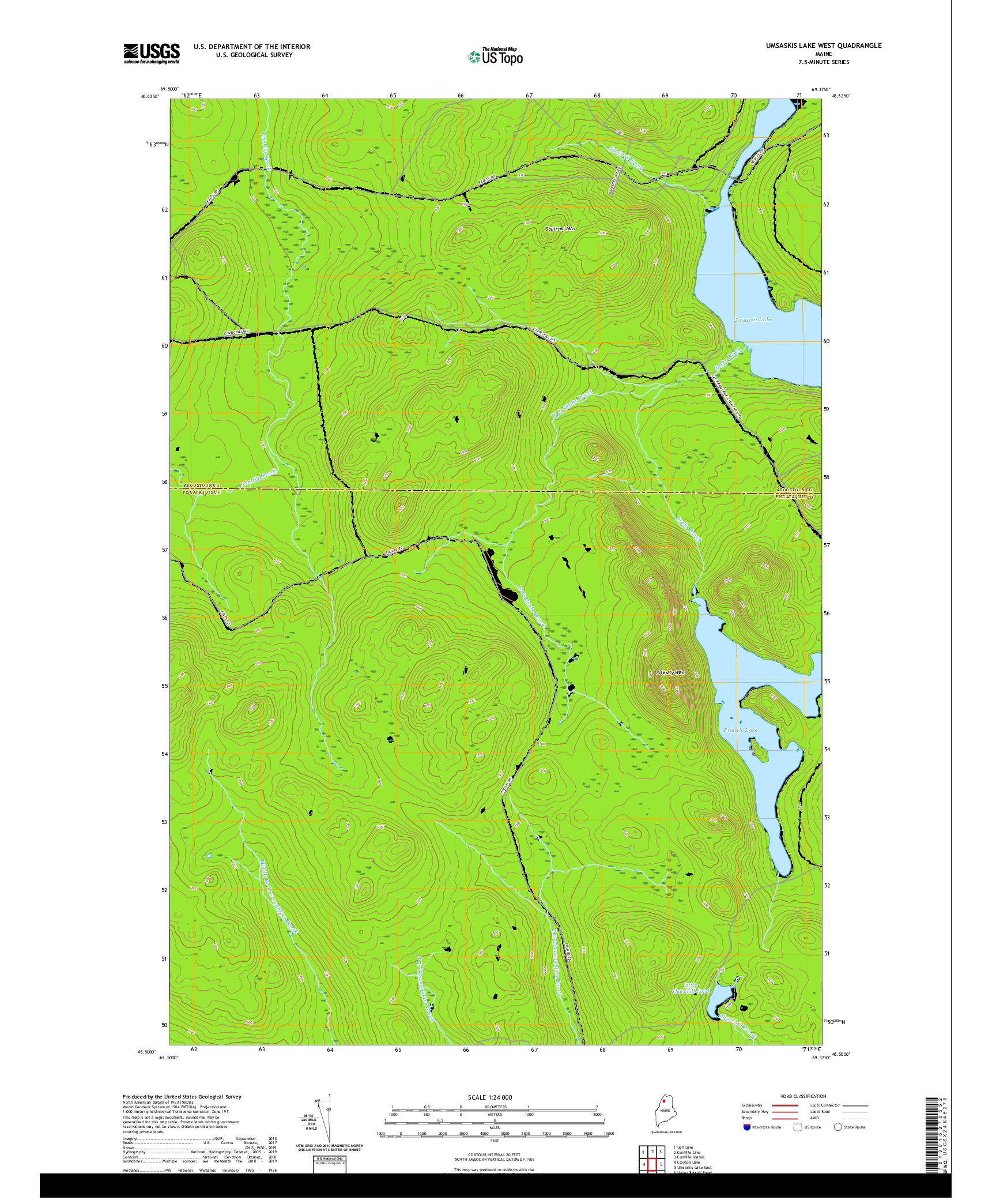 USGS US TOPO 7.5-MINUTE MAP FOR UMSASKIS LAKE WEST, ME 2021