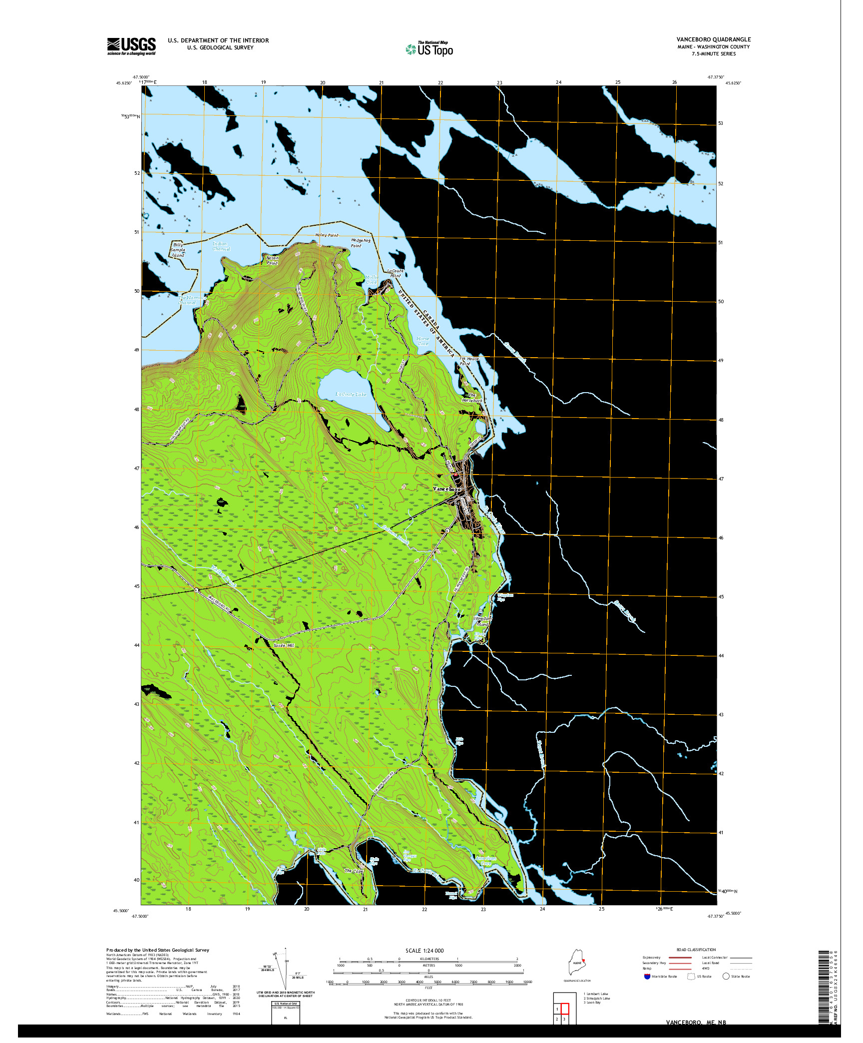 USGS US TOPO 7.5-MINUTE MAP FOR VANCEBORO, ME,NB 2021