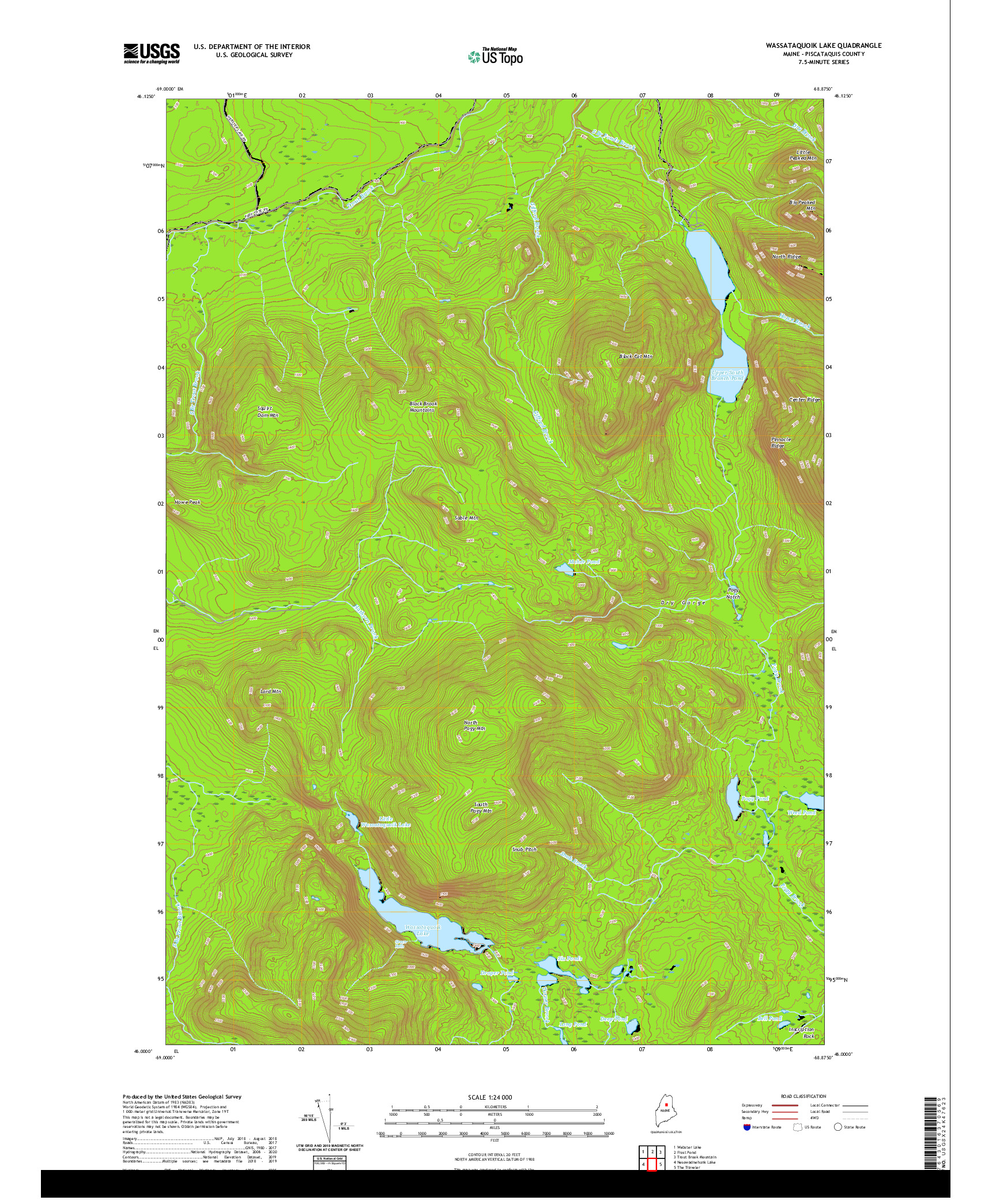 USGS US TOPO 7.5-MINUTE MAP FOR WASSATAQUOIK LAKE, ME 2021