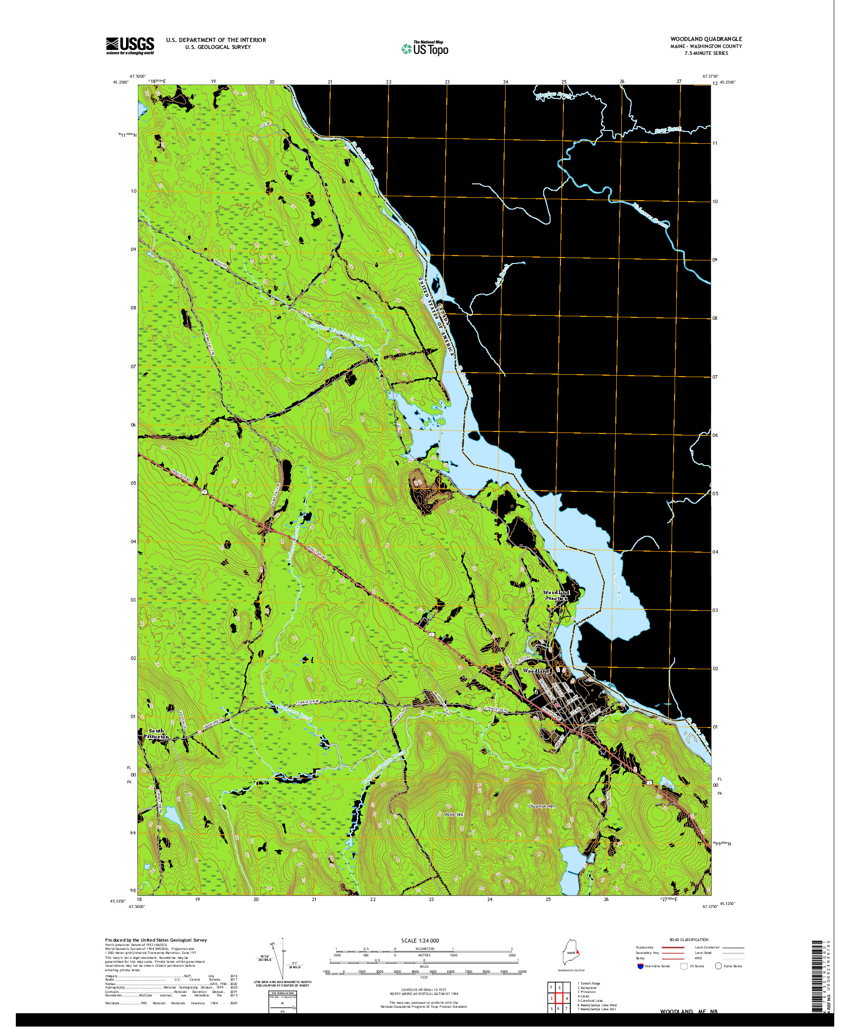 USGS US TOPO 7.5-MINUTE MAP FOR WOODLAND, ME,NB 2021