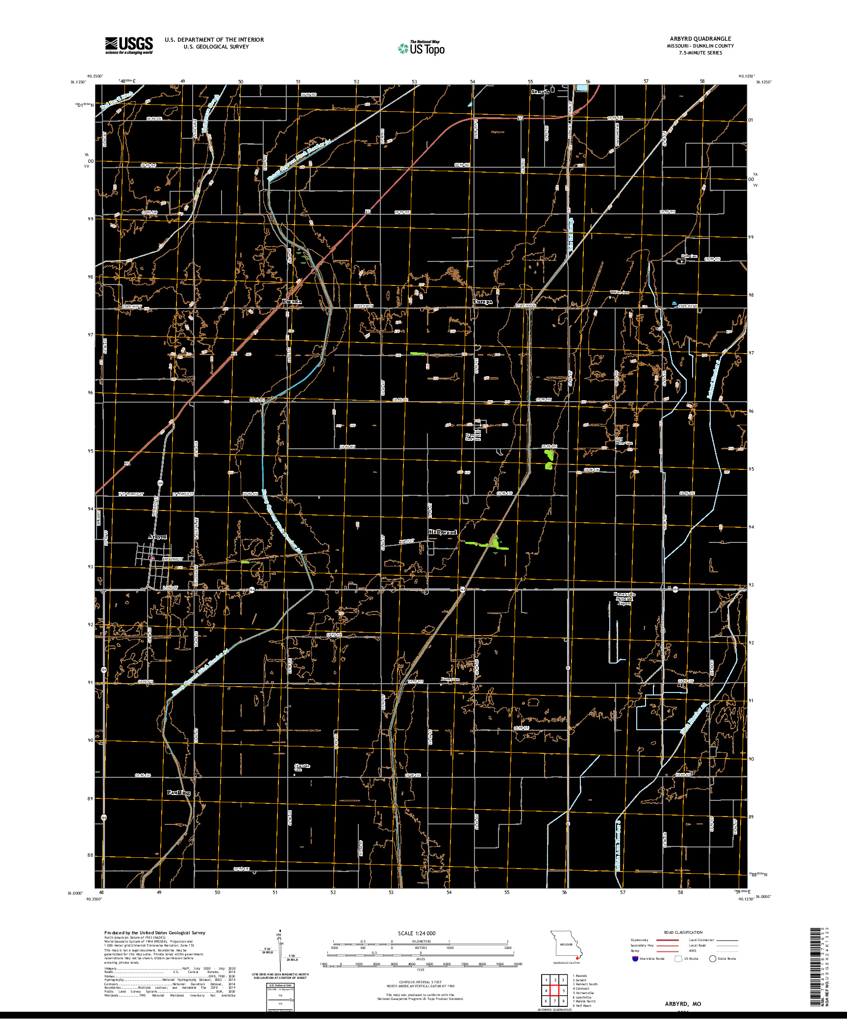 USGS US TOPO 7.5-MINUTE MAP FOR ARBYRD, MO 2021