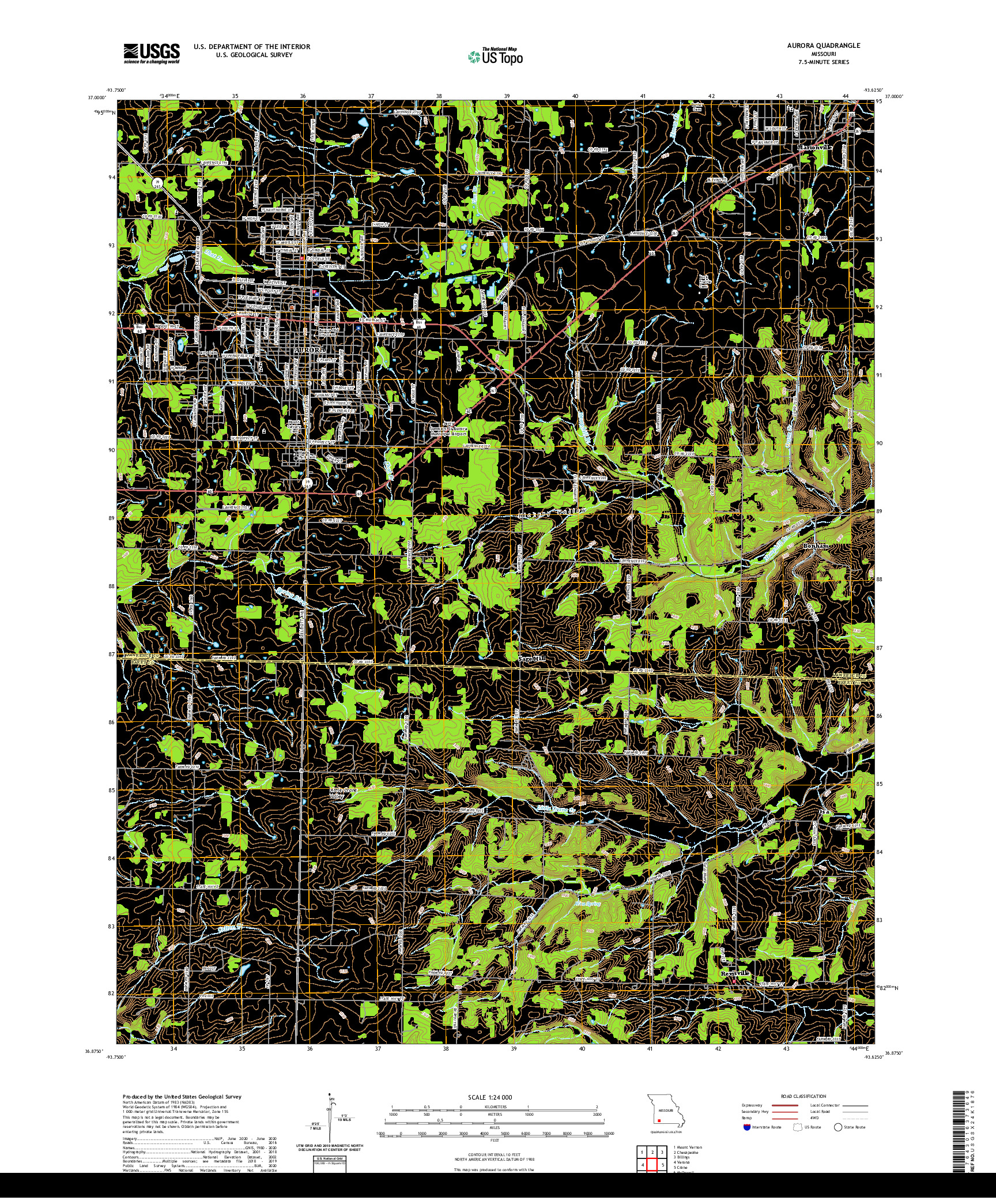 USGS US TOPO 7.5-MINUTE MAP FOR AURORA, MO 2021