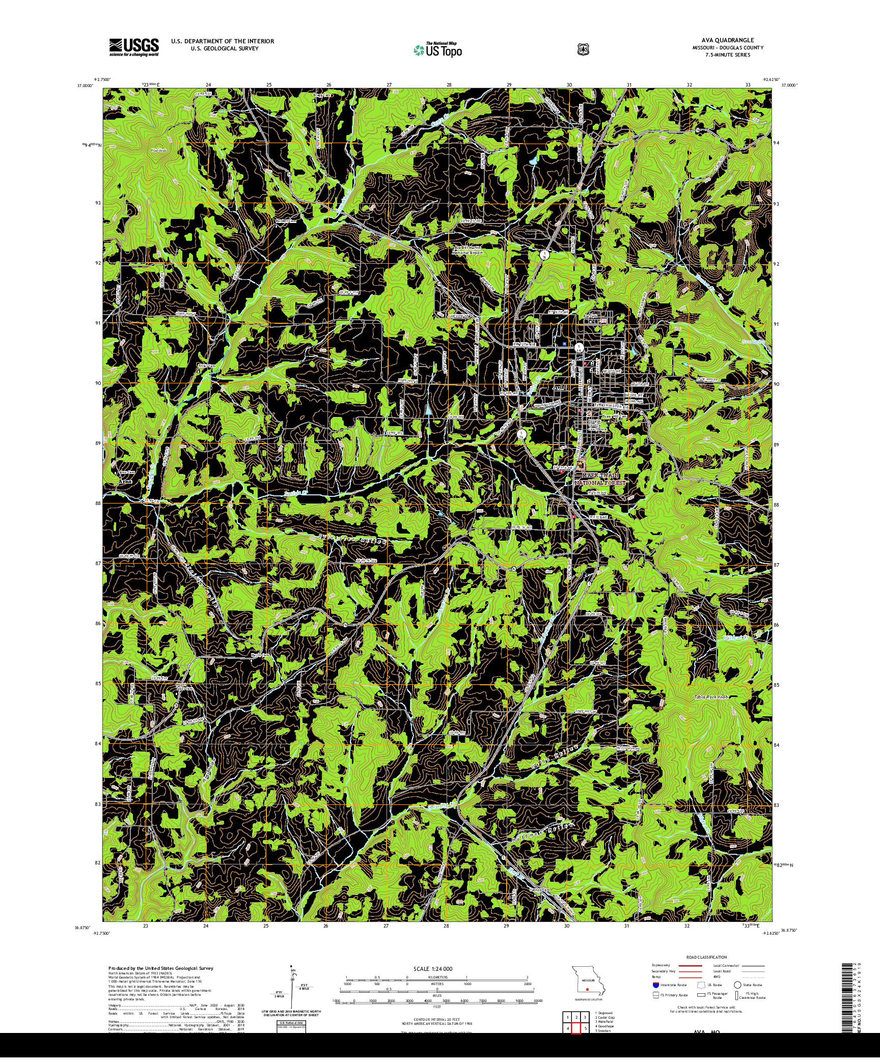 USGS US TOPO 7.5-MINUTE MAP FOR AVA, MO 2021