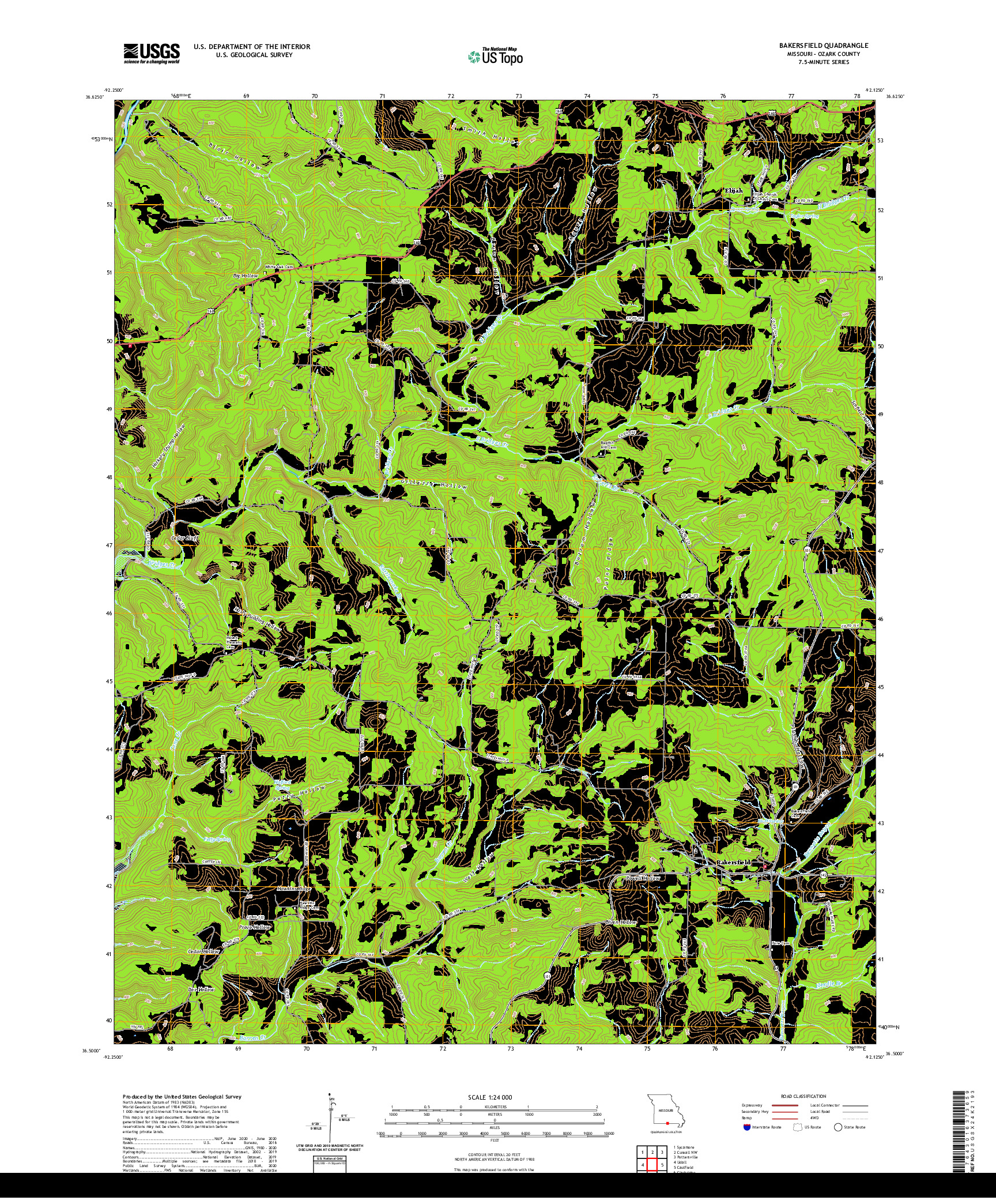 USGS US TOPO 7.5-MINUTE MAP FOR BAKERSFIELD, MO 2021