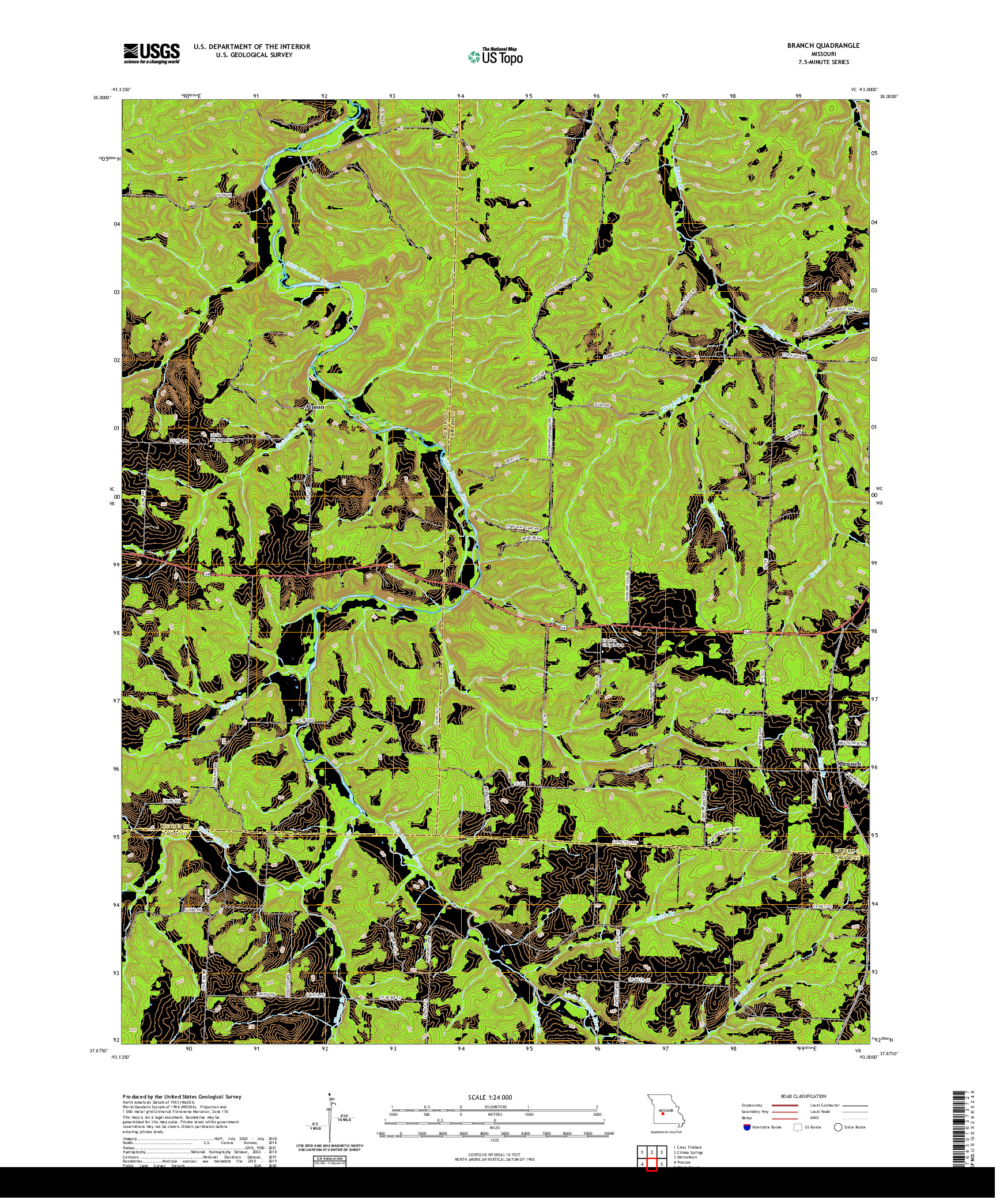 USGS US TOPO 7.5-MINUTE MAP FOR BRANCH, MO 2021